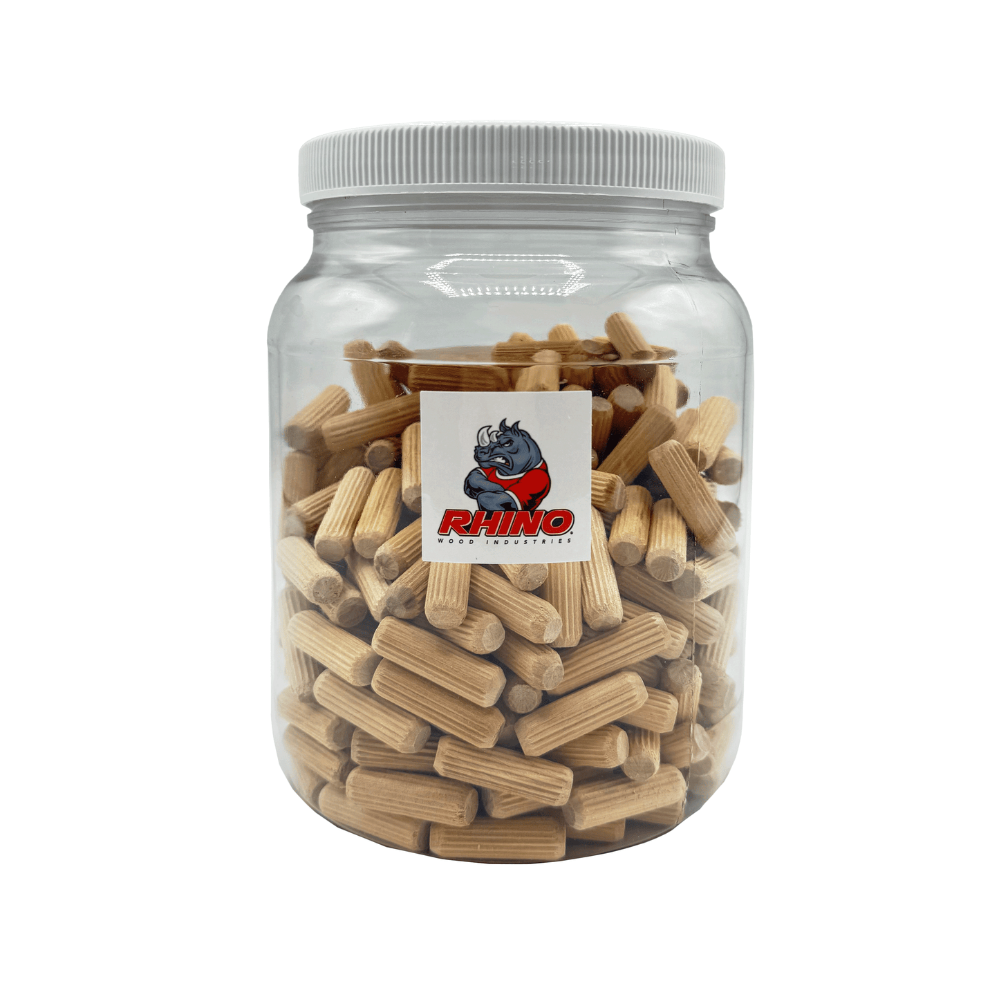 Rhino Wood Industries - 3/8" x 1 1/4" - 300 Pack Wooden Dowel Pins in Plastic Jar - Kiln Dried, Fluted, and Beveled (3/8" x 1 1/4", 300pk, Jar)
