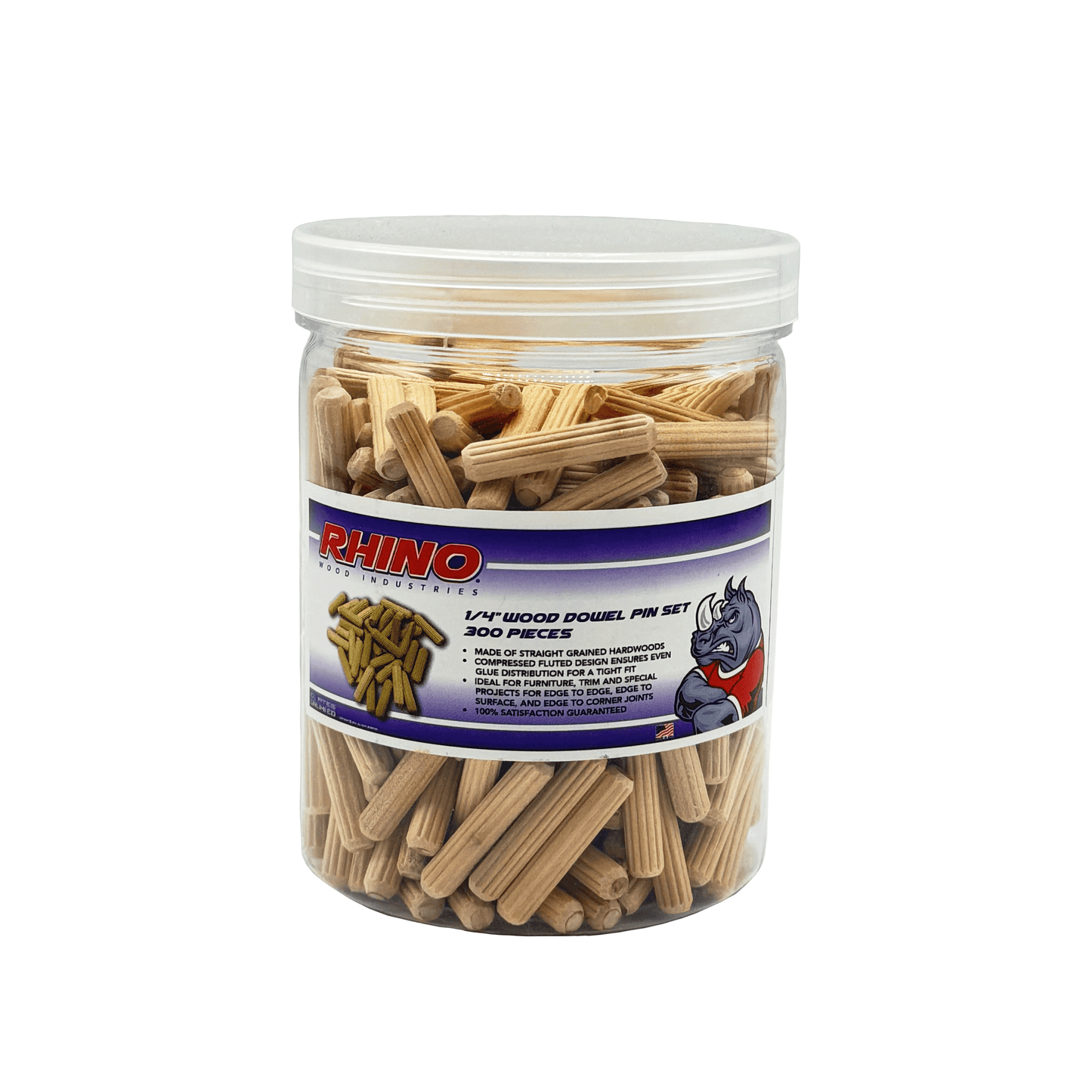 Rhino Wood Industries - 15/64" x 1 1/4" - 300 Pack Wooden Dowel Pins in Plastic Jar - Kiln Dried, Fluted, and Beveled (6mm, 300pk, Jar)