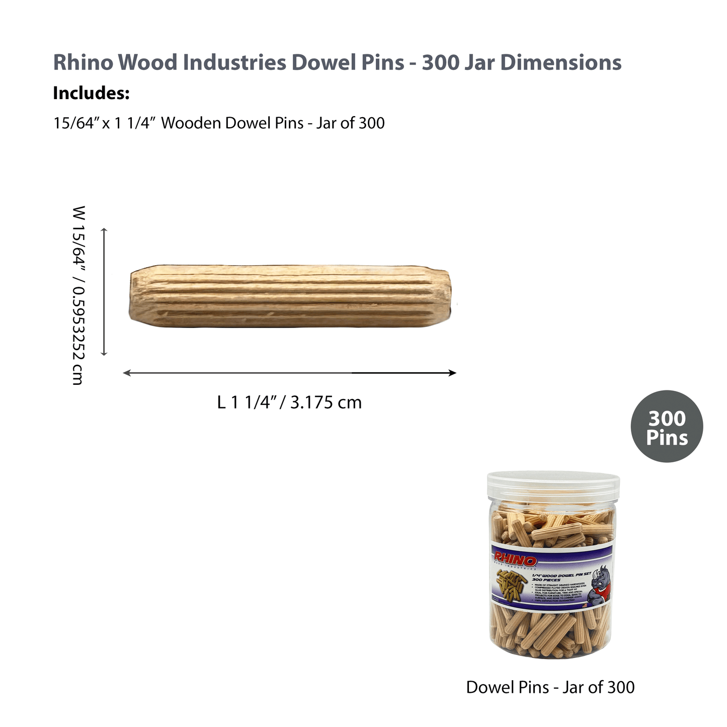Rhino Wood Industries - 15/64" x 1 1/4" - 300 Pack Wooden Dowel Pins in Plastic Jar - Kiln Dried, Fluted, and Beveled (6mm, 300pk, Jar)