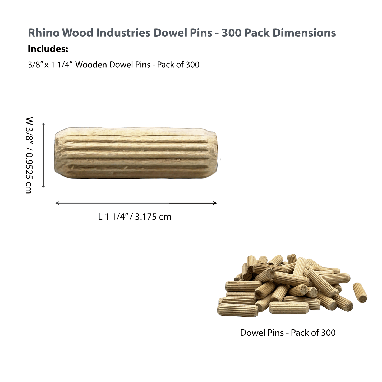 Rhino Wood Industries - 3/8" x 1 1/4" - 300 Pack Wooden Dowel Pins - Kiln Dried, Fluted, and Beveled (3/8" x 1 1/4", 300pk)
