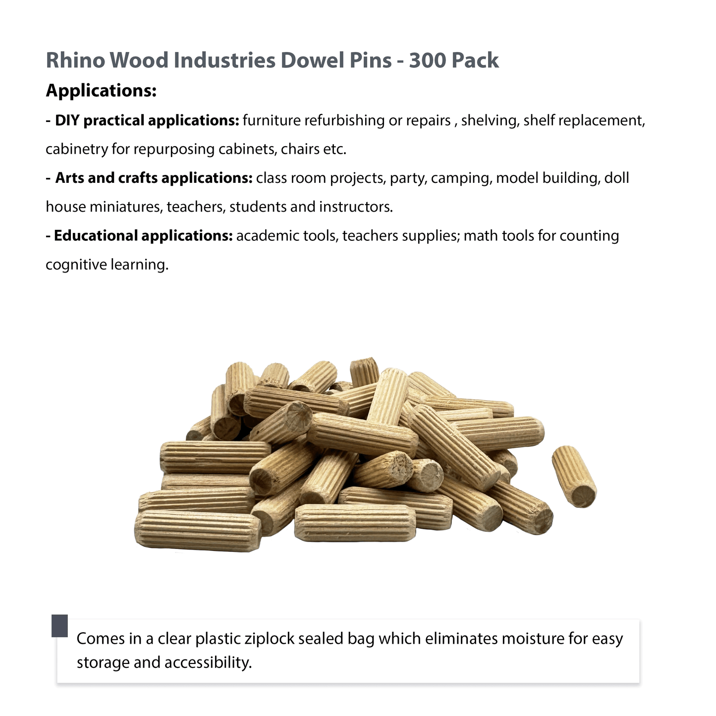 Rhino Wood Industries - 3/8" x 1 1/4" - 300 Pack Wooden Dowel Pins - Kiln Dried, Fluted, and Beveled (3/8" x 1 1/4", 300pk)