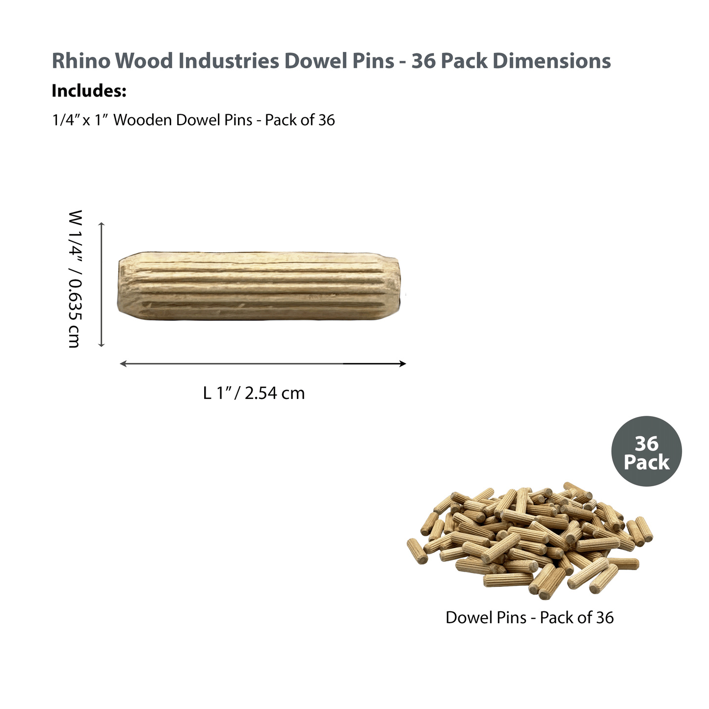 Rhino Wood Industries - 1/4" x 1" - 36 Pack Wooden Dowel Pins - Kiln Dried, Fluted, and Beveled (1/4" x 1", 36pk)