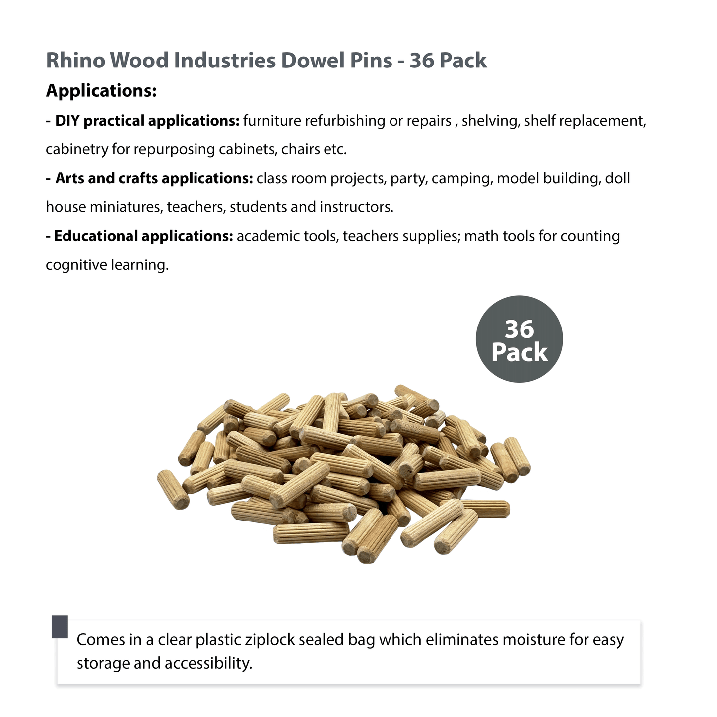 Rhino Wood Industries - 1/4" x 1" - 36 Pack Wooden Dowel Pins - Kiln Dried, Fluted, and Beveled (1/4" x 1", 36pk)