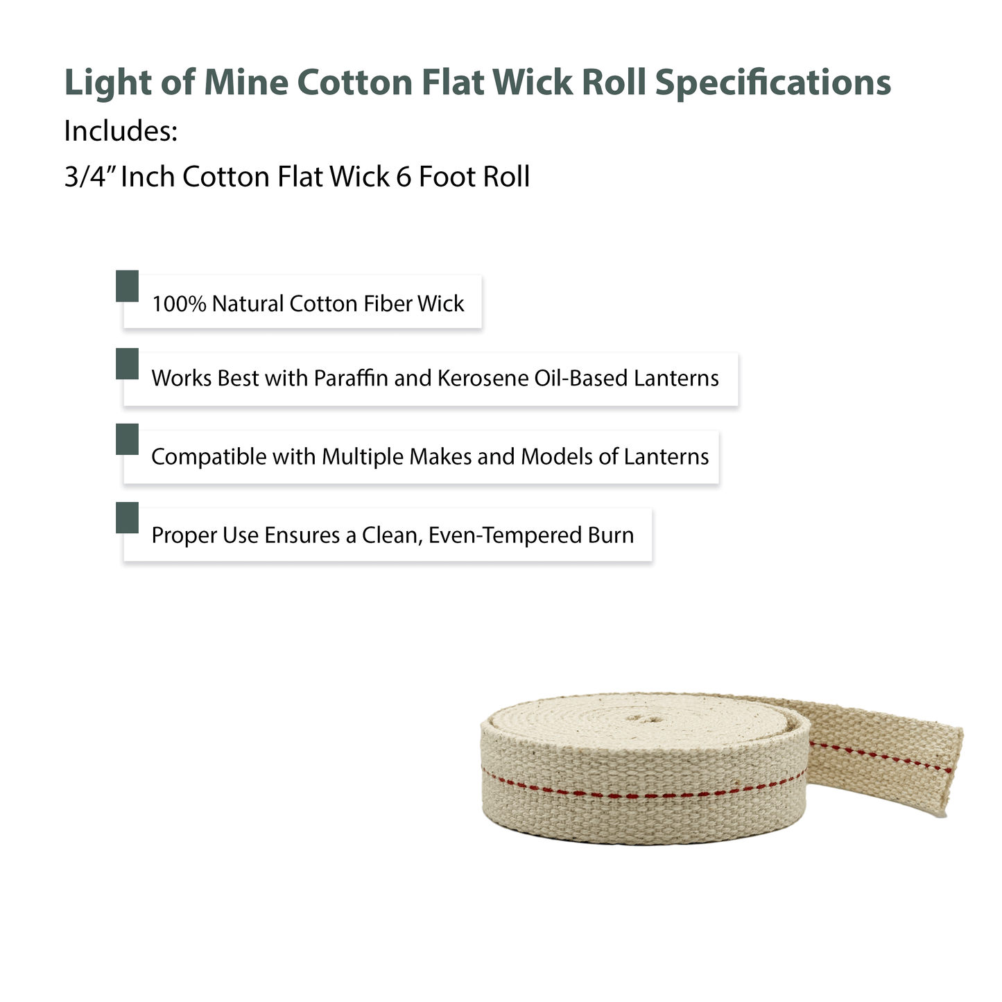 Light Of Mine 3/4" Inch 100% Cotton Flat Wick 6 Foot Roll for Oil Lamps