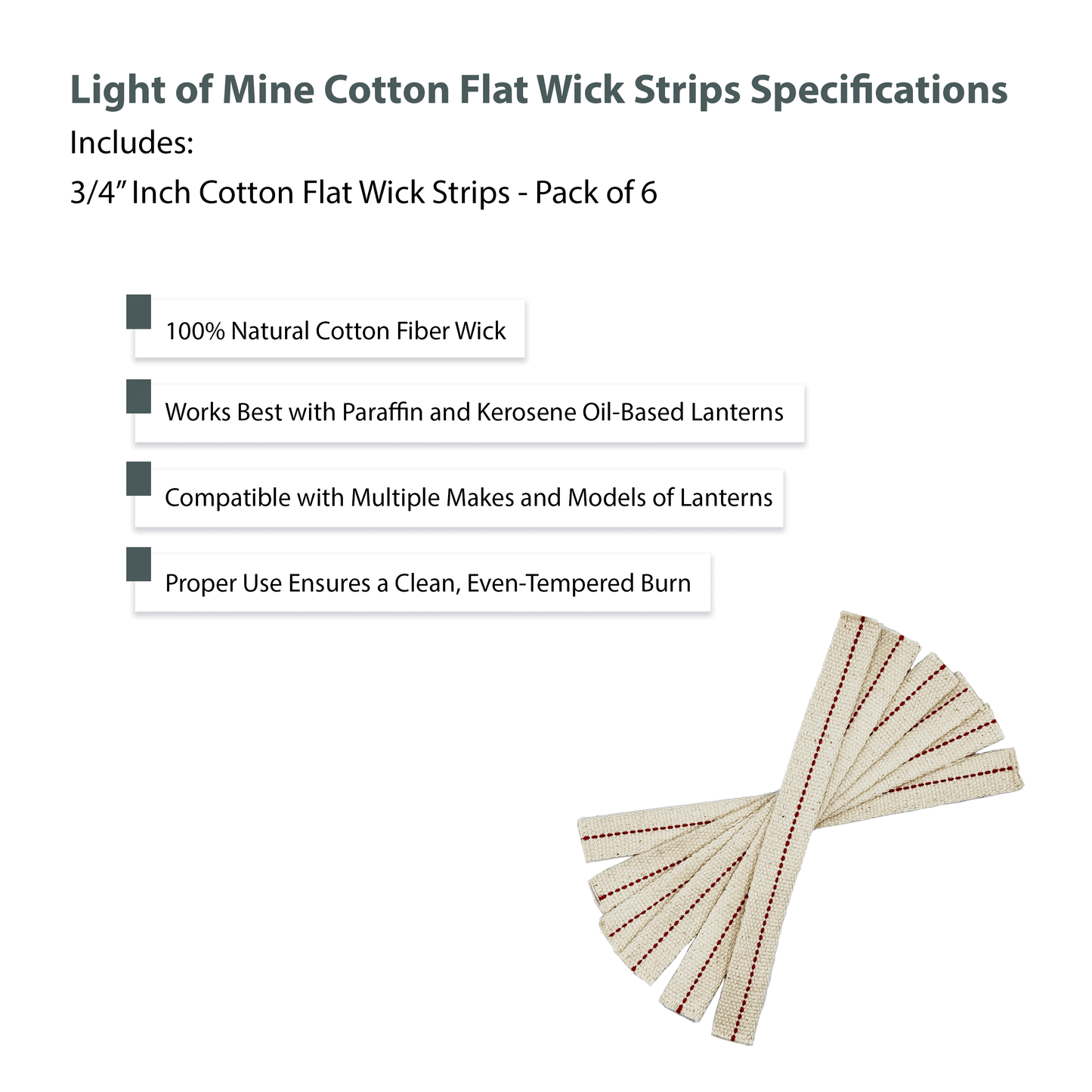 Light of Mine - 3/4" Inch - 8" Long Wick Strips, 100% Cotton Flat Wick - 6 Pack, for Paraffin Oil, Kerosene Based Lanterns, and Oil Lamps with Genuine Red Stitch