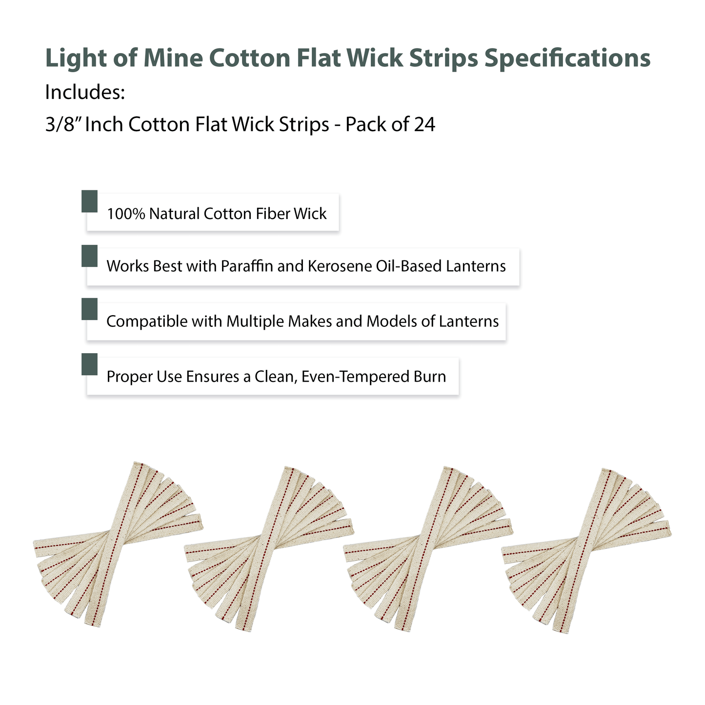 Light of Mine - 3/8" Inch - 8" Long Wick Strips, 100% Cotton Flat Wick - 24 Pack, for Paraffin Oil, Kerosene Based Lanterns, and Oil Lamps with Genuine Red Stitch