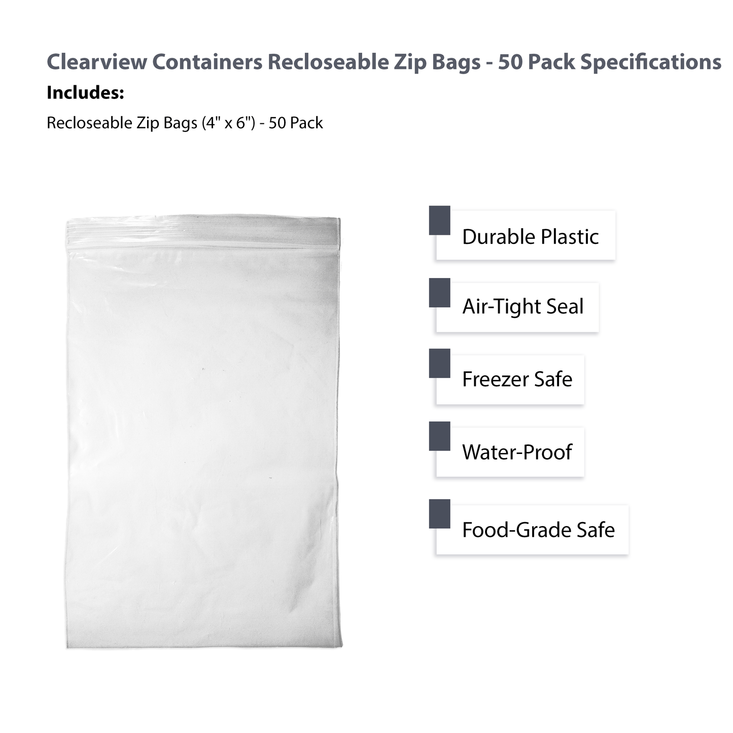 Clearview Containers - 50 Pack of 4" x 6" High Quality Recloseable Zip Bags