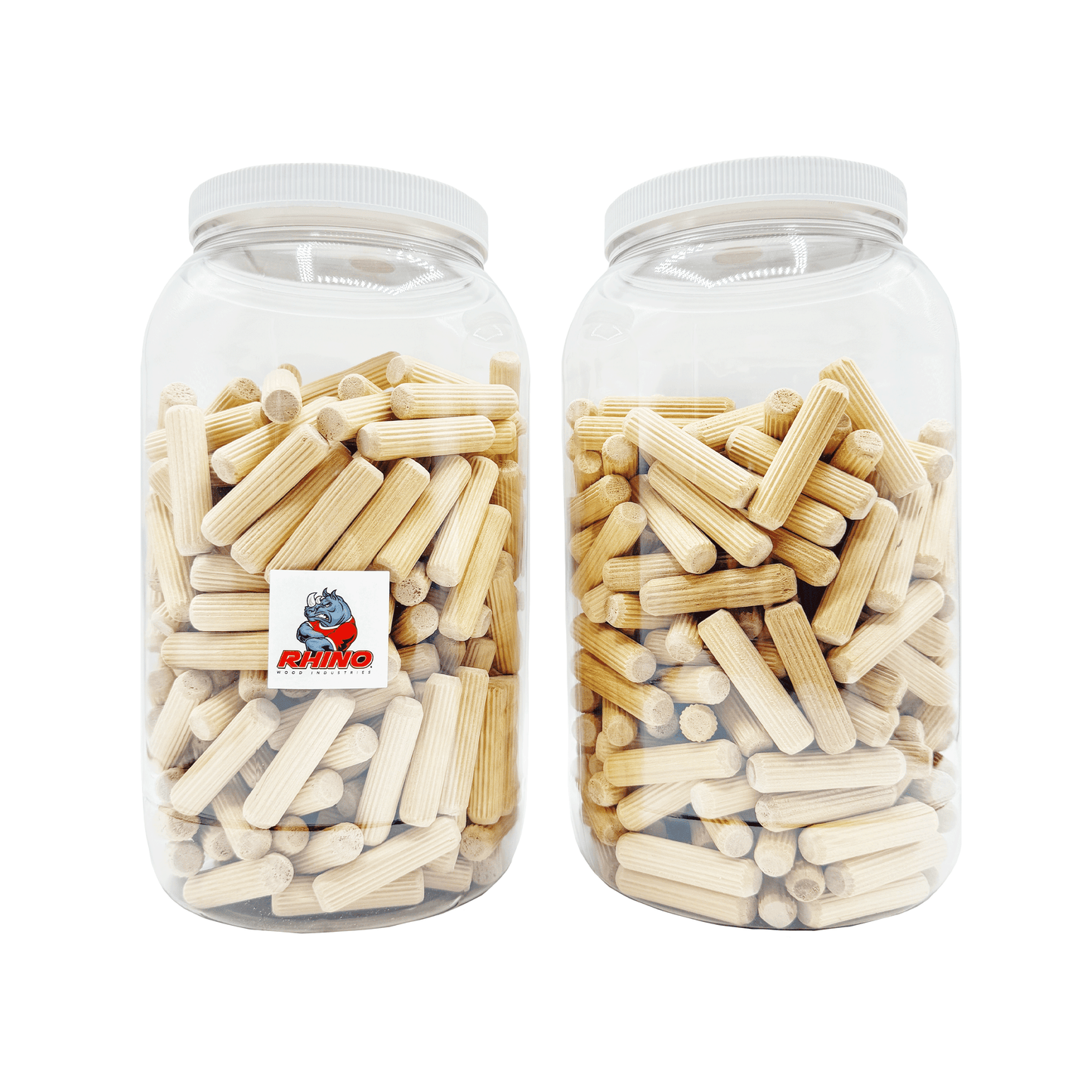 Rhino Wood Industries - 1/2" x 2" - 500 Pack Wooden Dowel Pins in Plastic Jar - Kiln Dried, Fluted, and Beveled (1/2" x 2", 500pk, Jar)