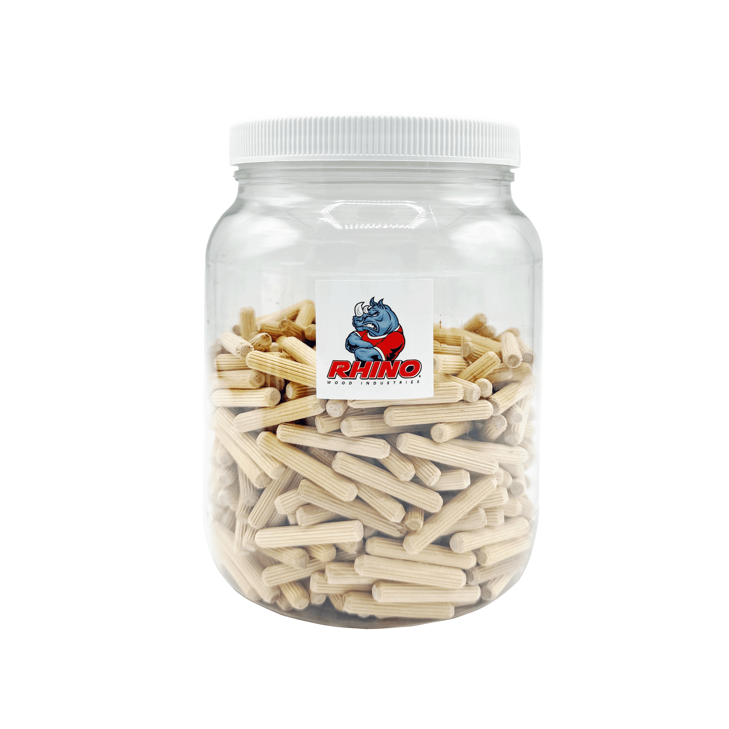 Rhino Wood Industries - 1/4" x 1 1/2" - 500 Pack Wooden Dowel Pins in Plastic Jar - Kiln Dried, Fluted, and Beveled (1/4" x 1 1/2", 500pk, Jar)