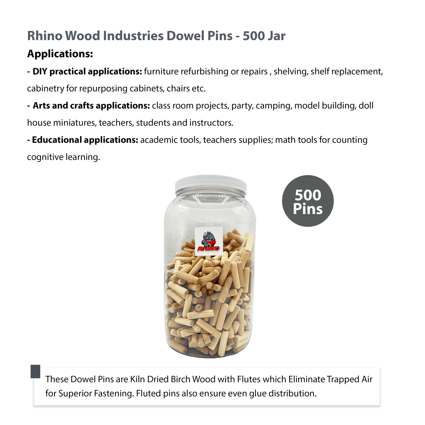 Rhino Wood Industries - 3/8" x 1 1/2" - 500 Pack Wooden Dowel Pins in Plastic Jar - Kiln Dried, Fluted, and Beveled (3/8" x 1 1/2", 500pk, Jar)
