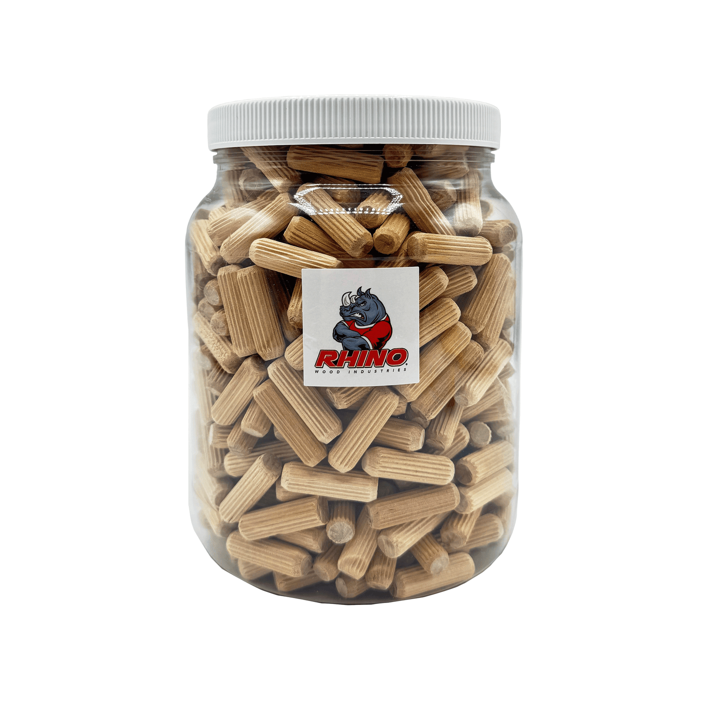 Rhino Wood Industries - 3/8" x 1 1/4" - 500 Pack Wooden Dowel Pins in Plastic Jar - Kiln Dried, Fluted, and Beveled (3/8" x 1 1/4", 500pk, Jar)