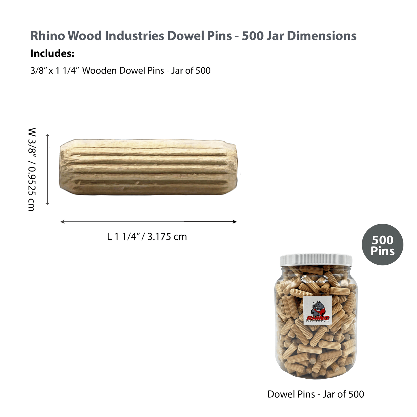 Rhino Wood Industries - 3/8" x 1 1/4" - 500 Pack Wooden Dowel Pins in Plastic Jar - Kiln Dried, Fluted, and Beveled (3/8" x 1 1/4", 500pk, Jar)