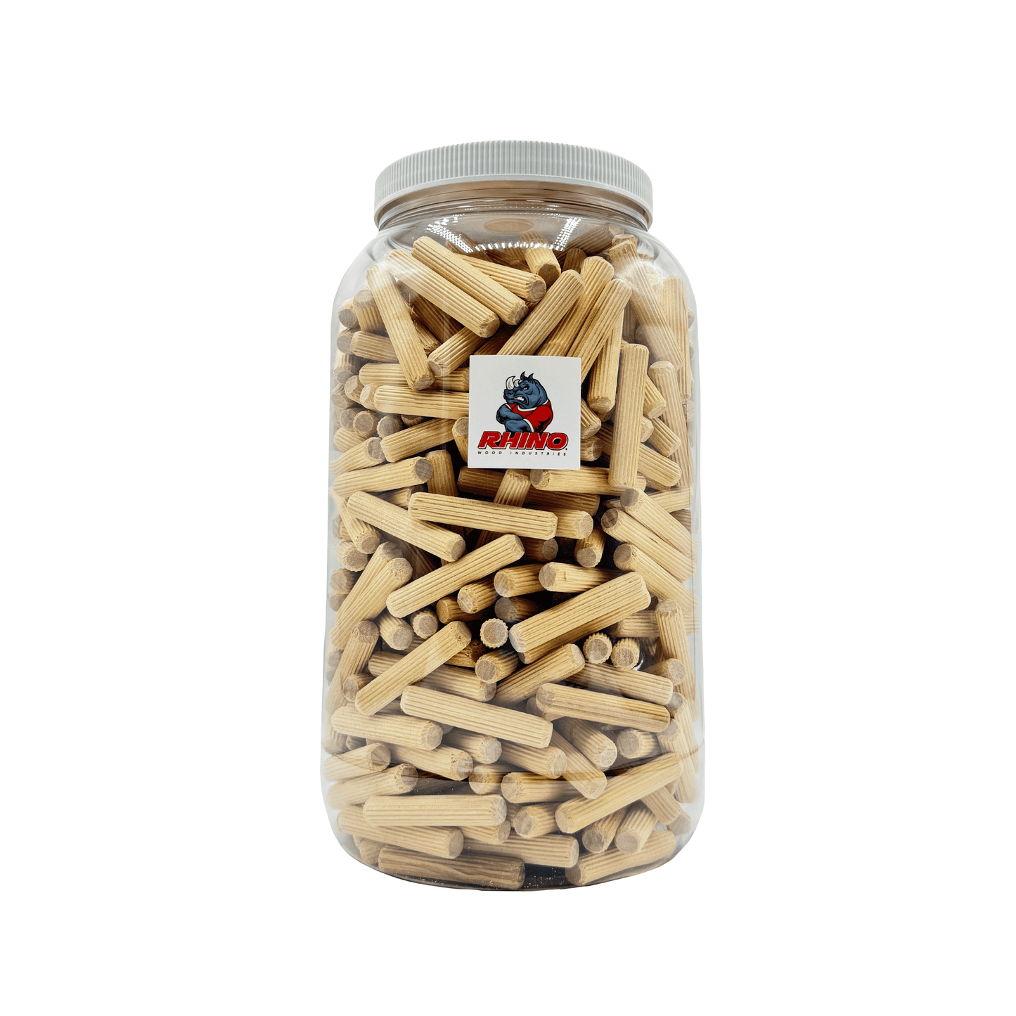 Rhino Wood Industries - 3/8" x 2" - 500 Pack Wooden Dowel Pins in Plastic Jar - Kiln Dried, Fluted, and Beveled (3/8" x 2", 500pk, Jar)