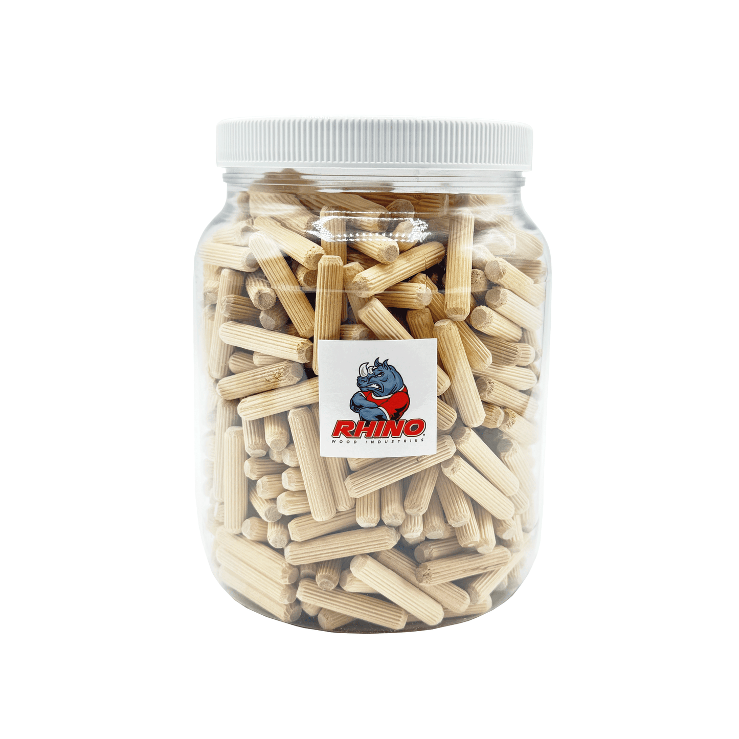 Rhino Wood Industries - 5/16" x 1 1/2" - 500 Pack Wooden Dowel Pins in Plastic Jar - Kiln Dried, Fluted, and Beveled (5/16" x 1 1/2", 500pk, Jar)