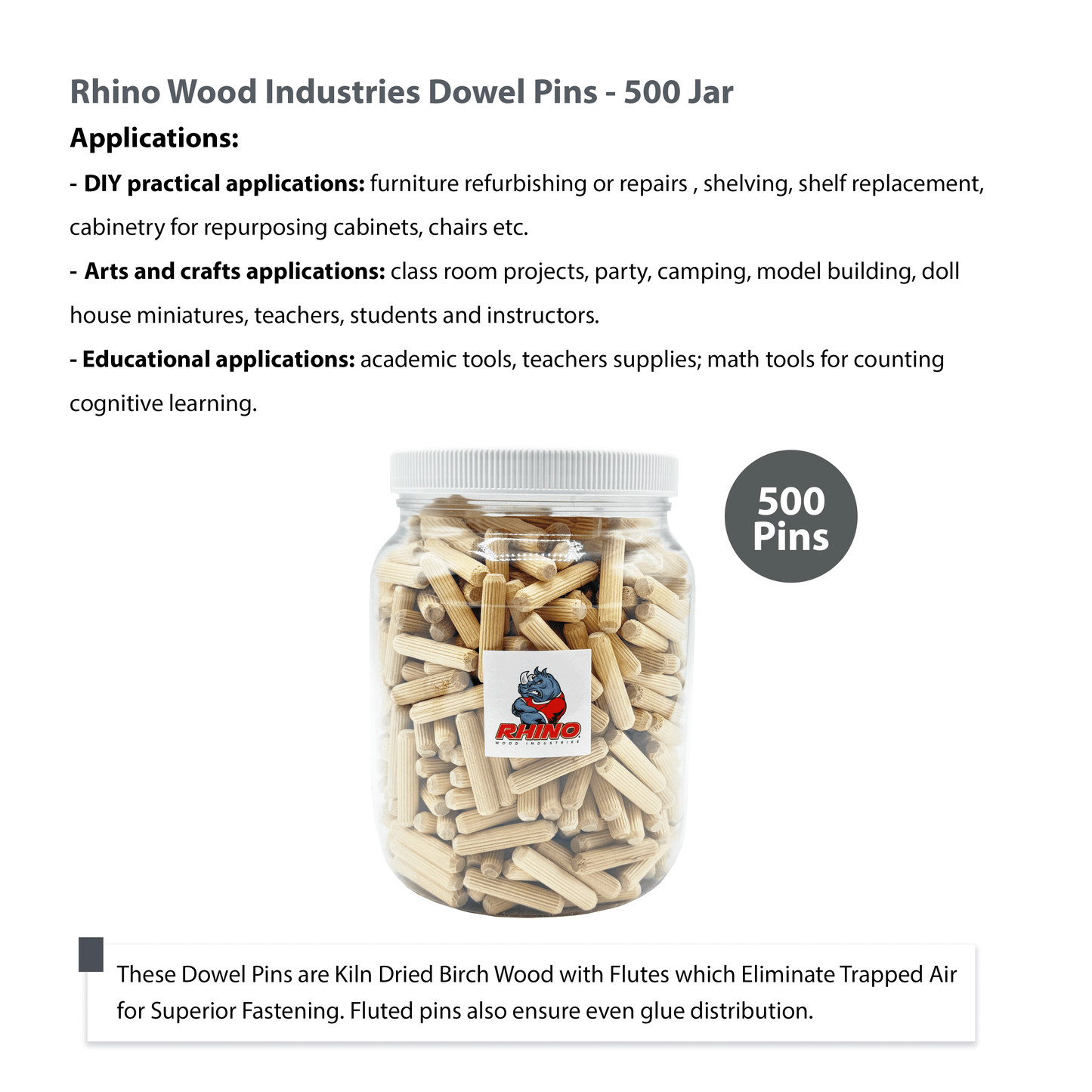 Rhino Wood Industries - 5/16" x 1 1/2" - 500 Pack Wooden Dowel Pins in Plastic Jar - Kiln Dried, Fluted, and Beveled (5/16" x 1 1/2", 500pk, Jar)