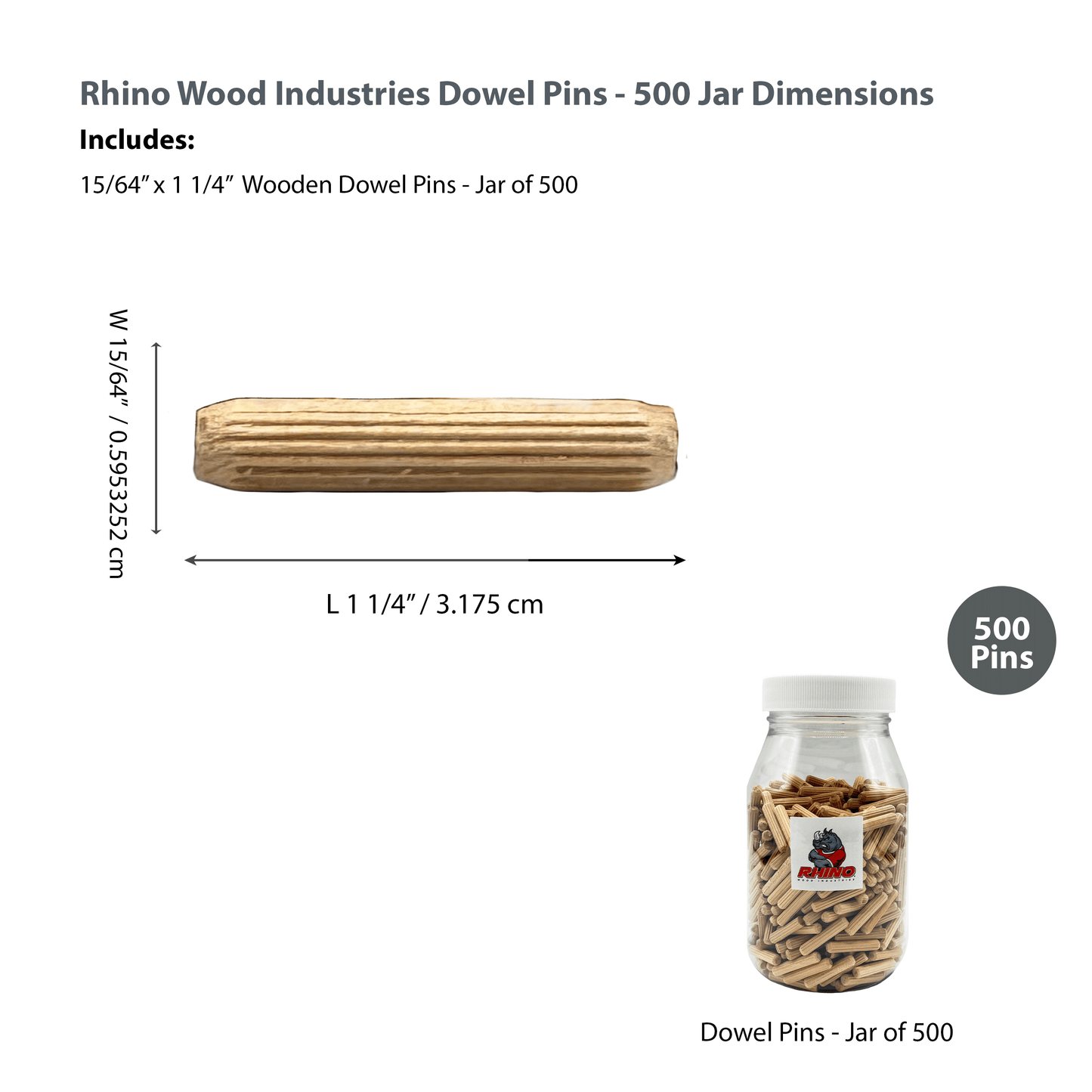 Rhino Wood Industries - 15/64" x 1 1/4" - 500 Pack Wooden Dowel Pins in Plastic Jar - Kiln Dried, Fluted, and Beveled (6mm, 500pk, Jar)