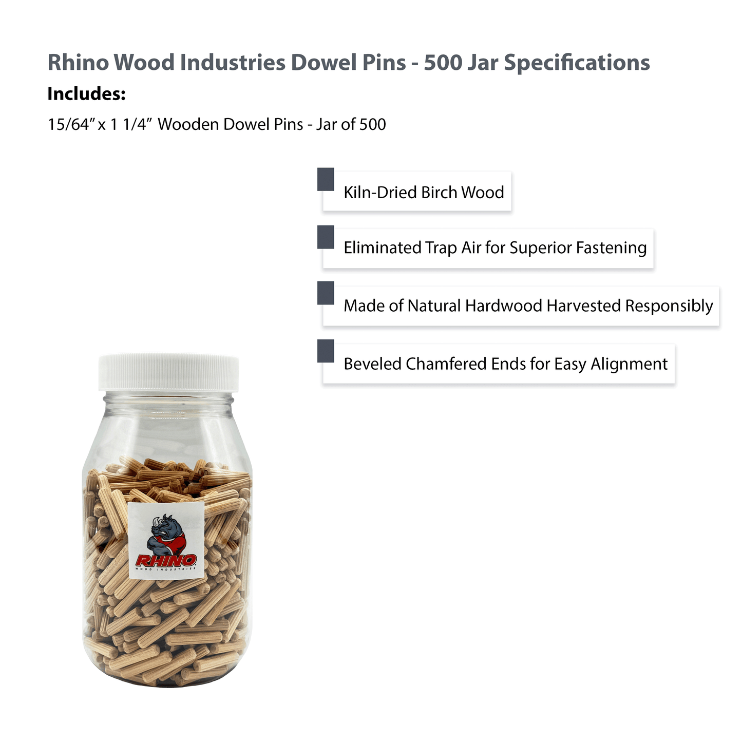 Rhino Wood Industries - 15/64" x 1 1/4" - 500 Pack Wooden Dowel Pins in Plastic Jar - Kiln Dried, Fluted, and Beveled (6mm, 500pk, Jar)