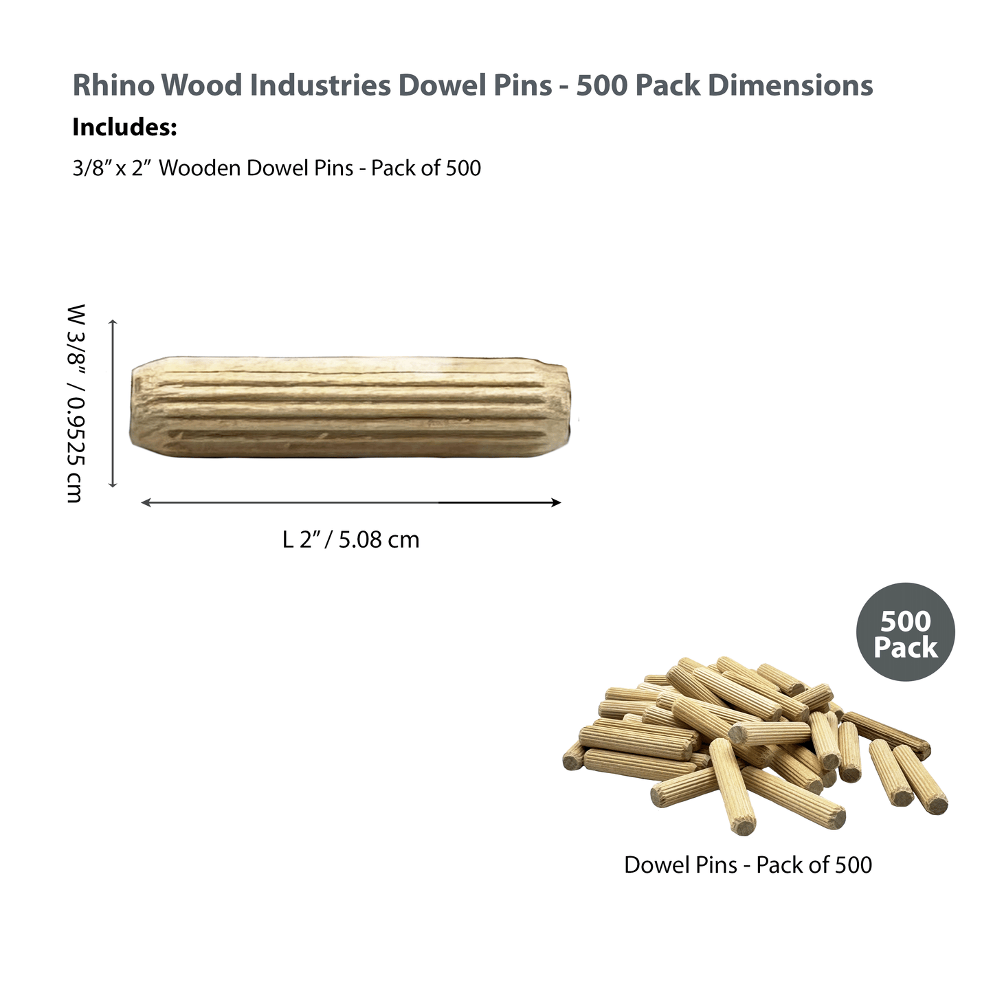 Rhino Wood Industries - 3/8" x 2" - 500 Pack Wooden Dowel Pins - Kiln Dried, Fluted, and Beveled (3/8" x 2", 500pk)