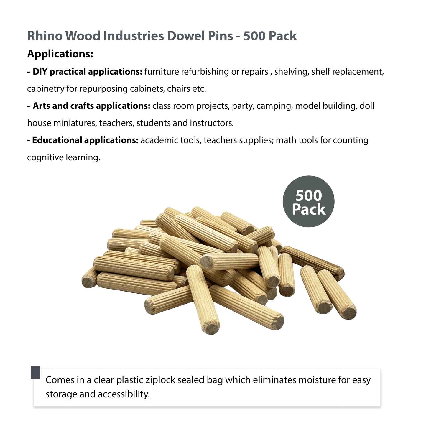 Rhino Wood Industries - 3/8" x 2" - 500 Pack Wooden Dowel Pins - Kiln Dried, Fluted, and Beveled (3/8" x 2", 500pk)
