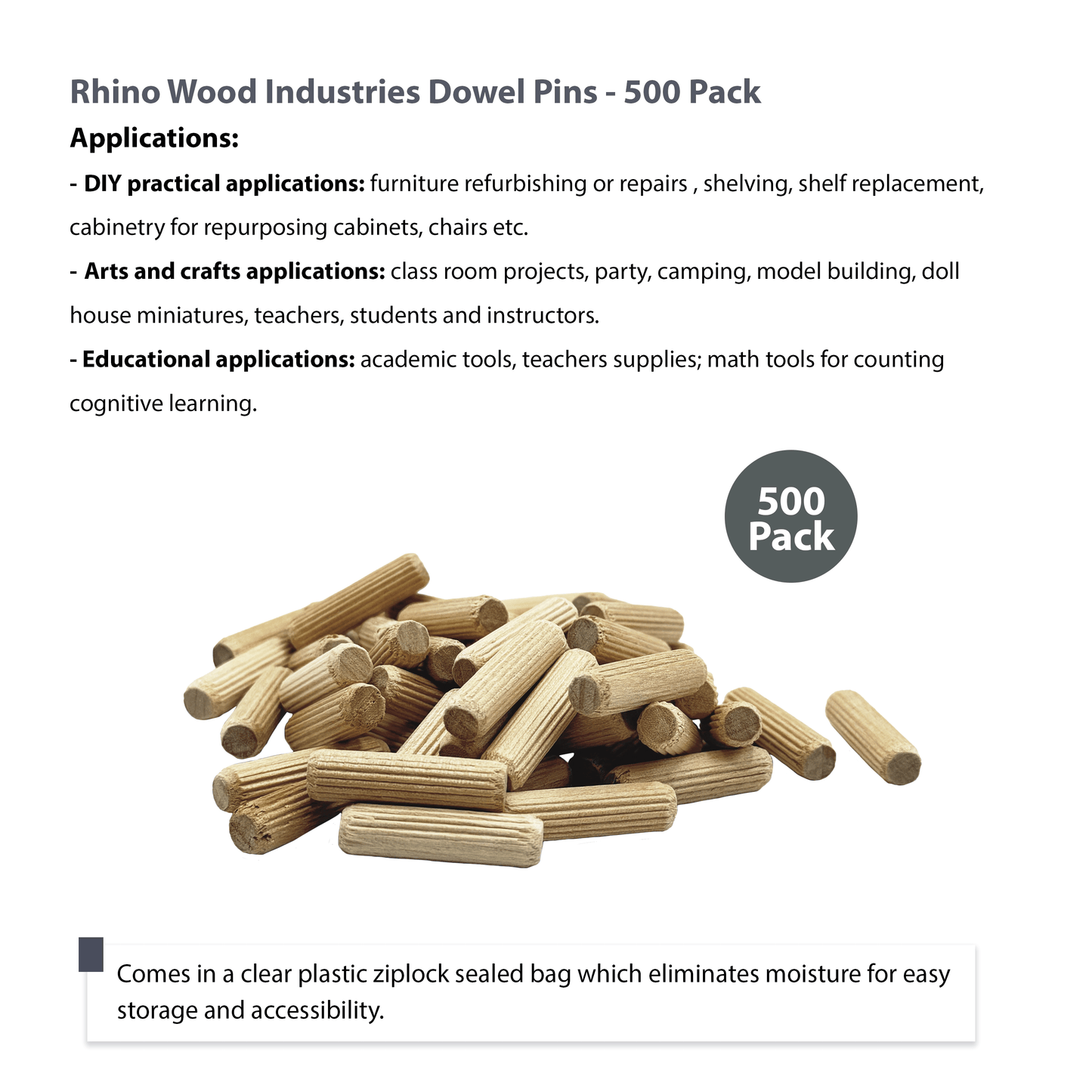 Rhino Wood Industries - 5/16" x 1 3/16" - 500 Pack Wooden Dowel Pins - Kiln Dried, Fluted, and Beveled (5/16" x 1 3/16", 500pk)