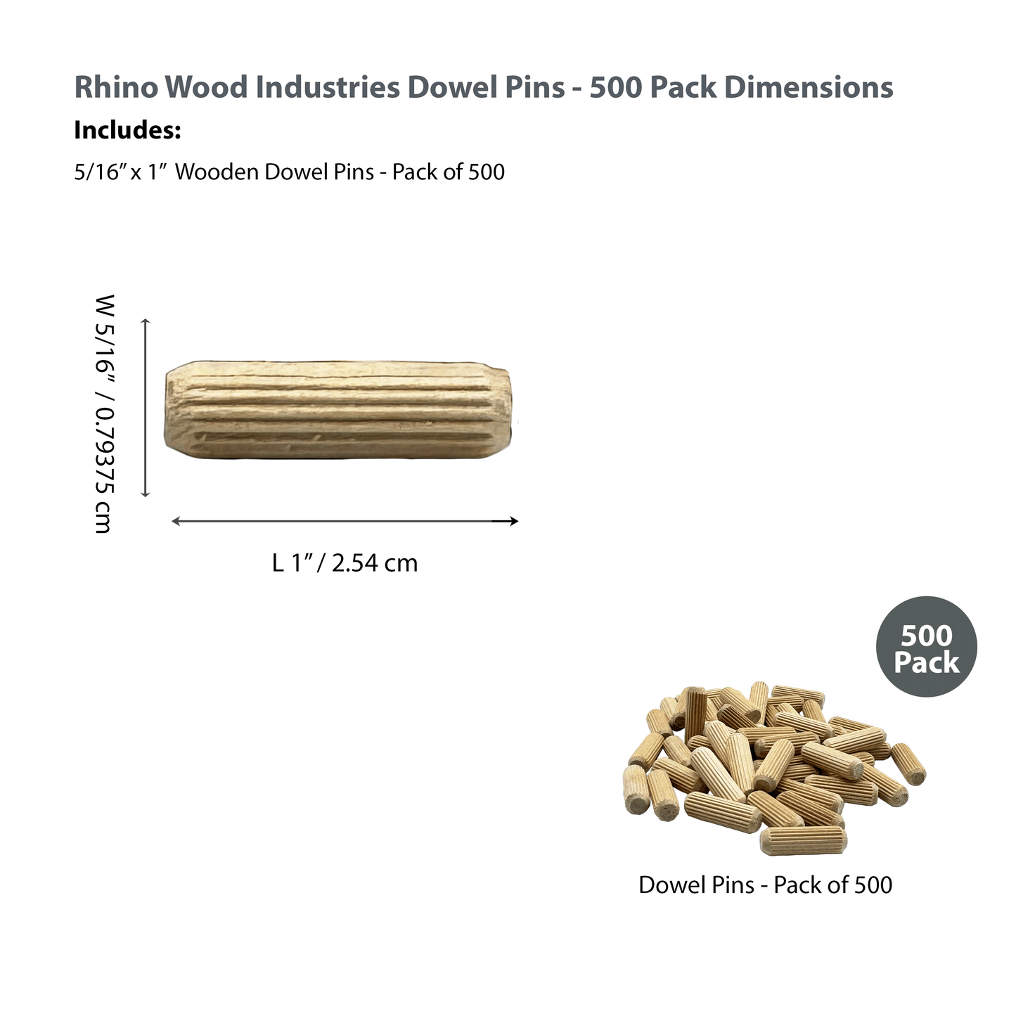 Rhino Wood Industries - 5/16" x 1 - 500 Pack Wooden Dowel Pins - Kiln Dried, Fluted, and Beveled (5/16" x 1, 500pk)