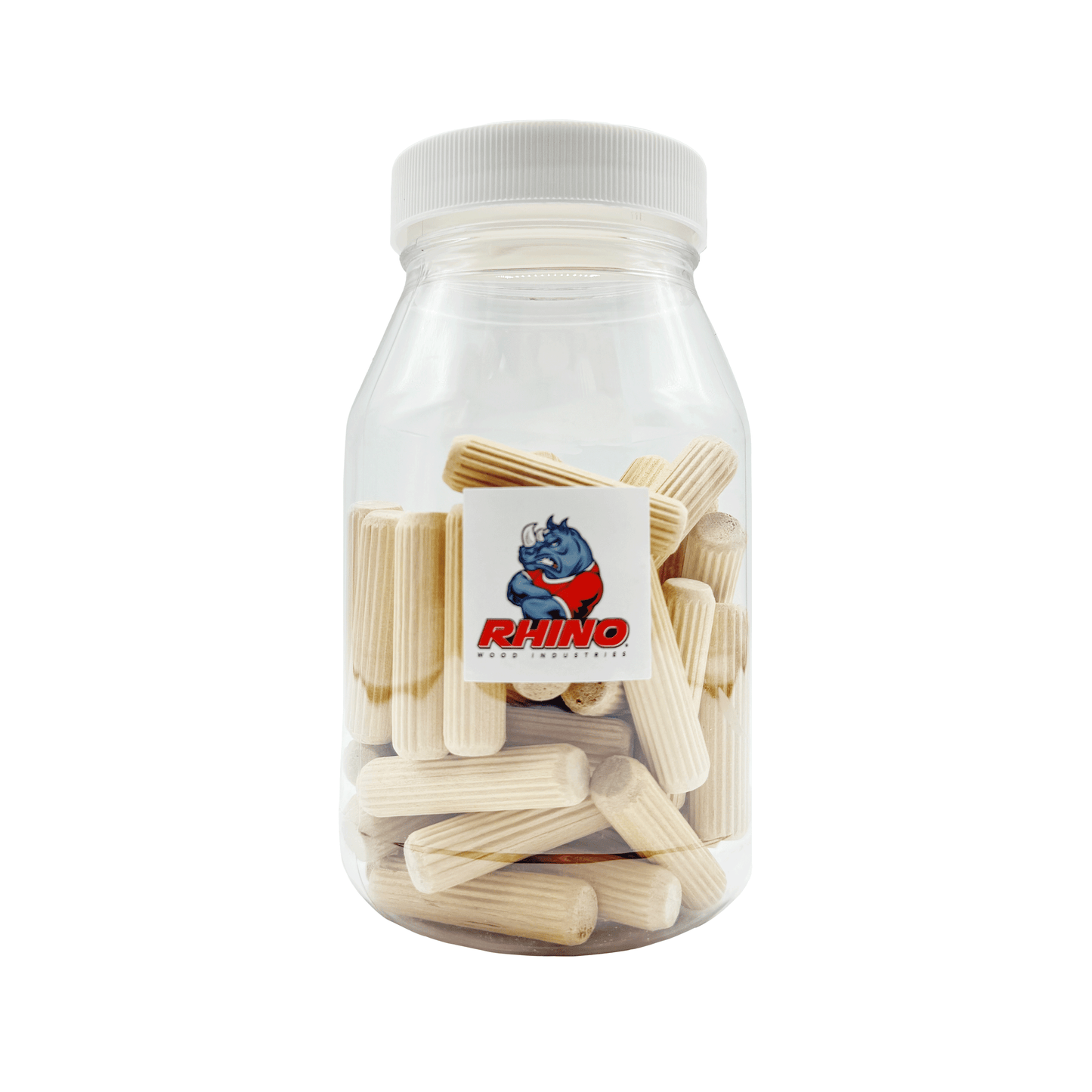 Rhino Wood Industries - 1/2" x 2" - 50 Pack Wooden Dowel Pins in Plastic Jar - Kiln Dried, Fluted, and Beveled (1/2" x 2", 50pk, Jar)