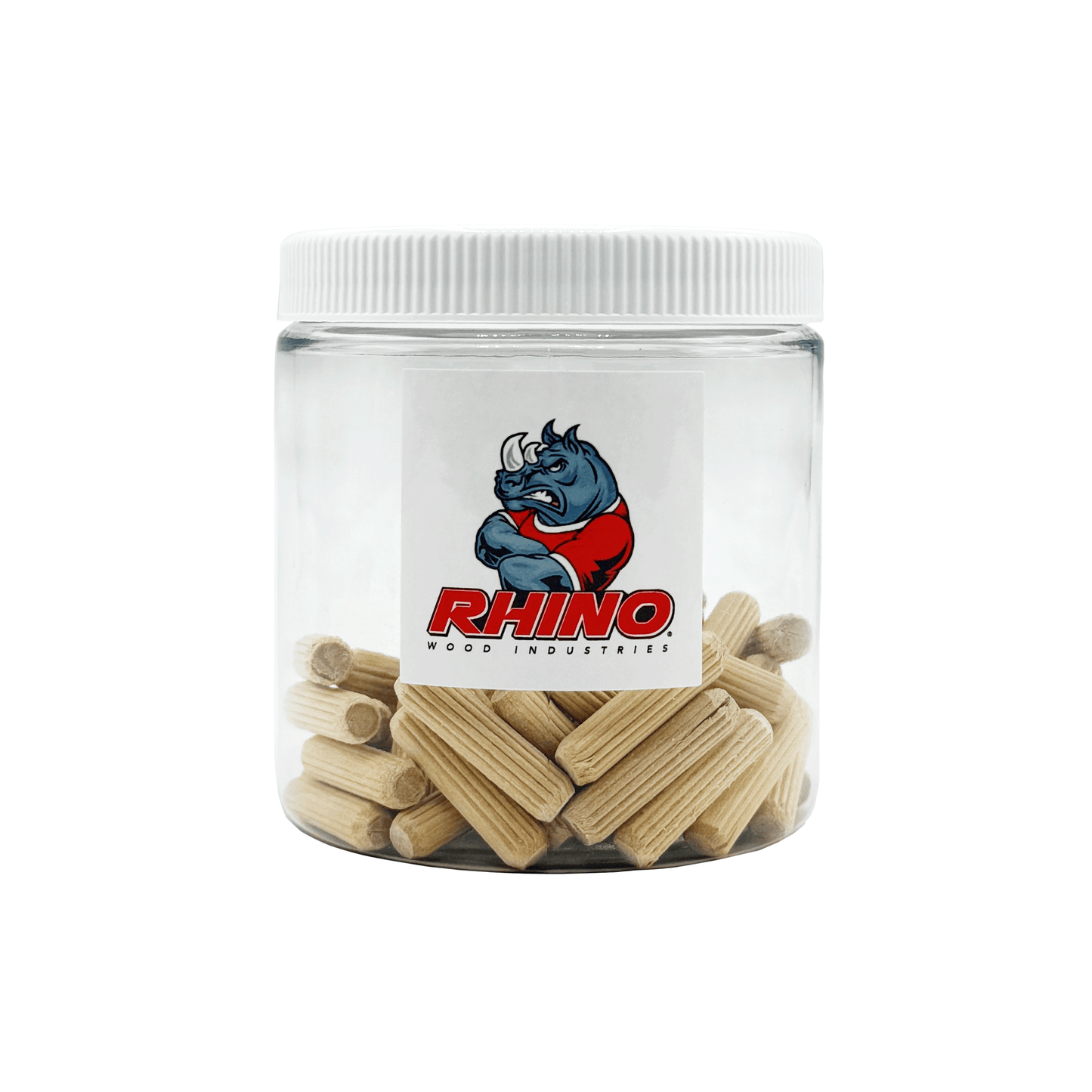 Rhino Wood Industries - 1/4" x 1" - 50 Pack Wooden Dowel Pins in Plastic Jar - Kiln Dried, Fluted, and Beveled (1/4" x 1", 50pk, Jar)