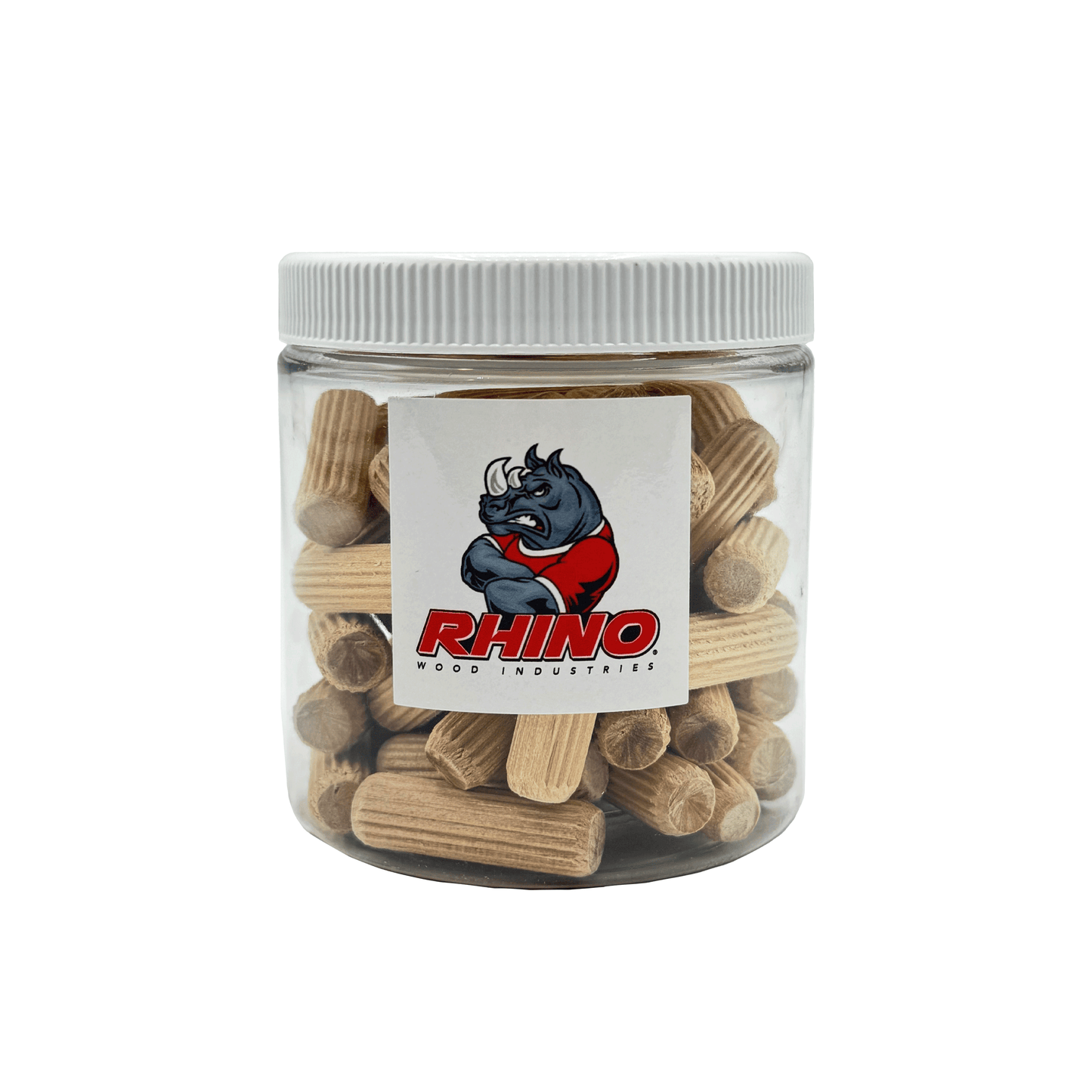 Rhino Wood Industries - 3/8" x 1 1/4" - 50 Pack Wooden Dowel Pins in Plastic Jar - Kiln Dried, Fluted, and Beveled (3/8" x 1 1/4", 50pk, Jar)
