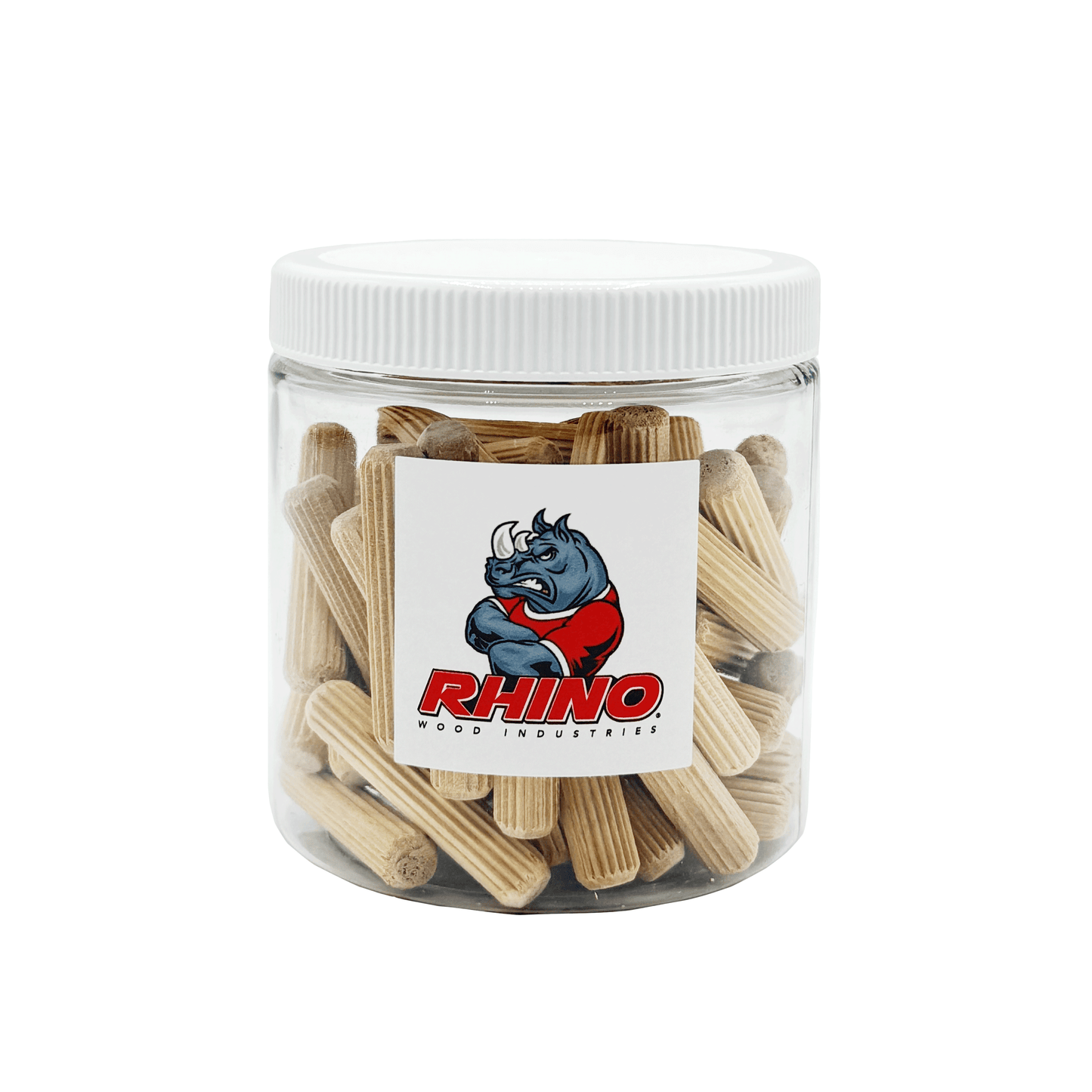 Rhino Wood Industries - 5/16" x 1 1/2" - 50 Pack Wooden Dowel Pins in Plastic Jar - Kiln Dried, Fluted, and Beveled (5/16" x 1 1/2", 50pk, Jar)