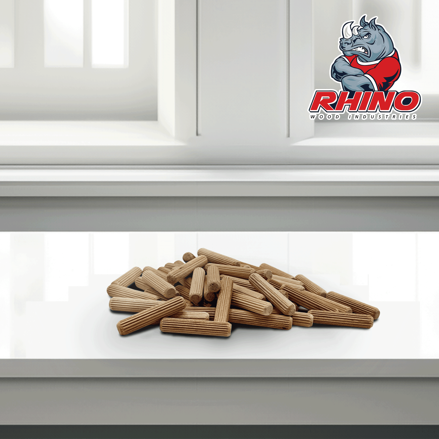 Rhino Wood Industries - 5/16" x 1 1/2" - 100 Pack Wooden Dowel Pins in Plastic Jar - Kiln Dried, Fluted, and Beveled (5/16" x 1 1/2", 100pk, Jar)