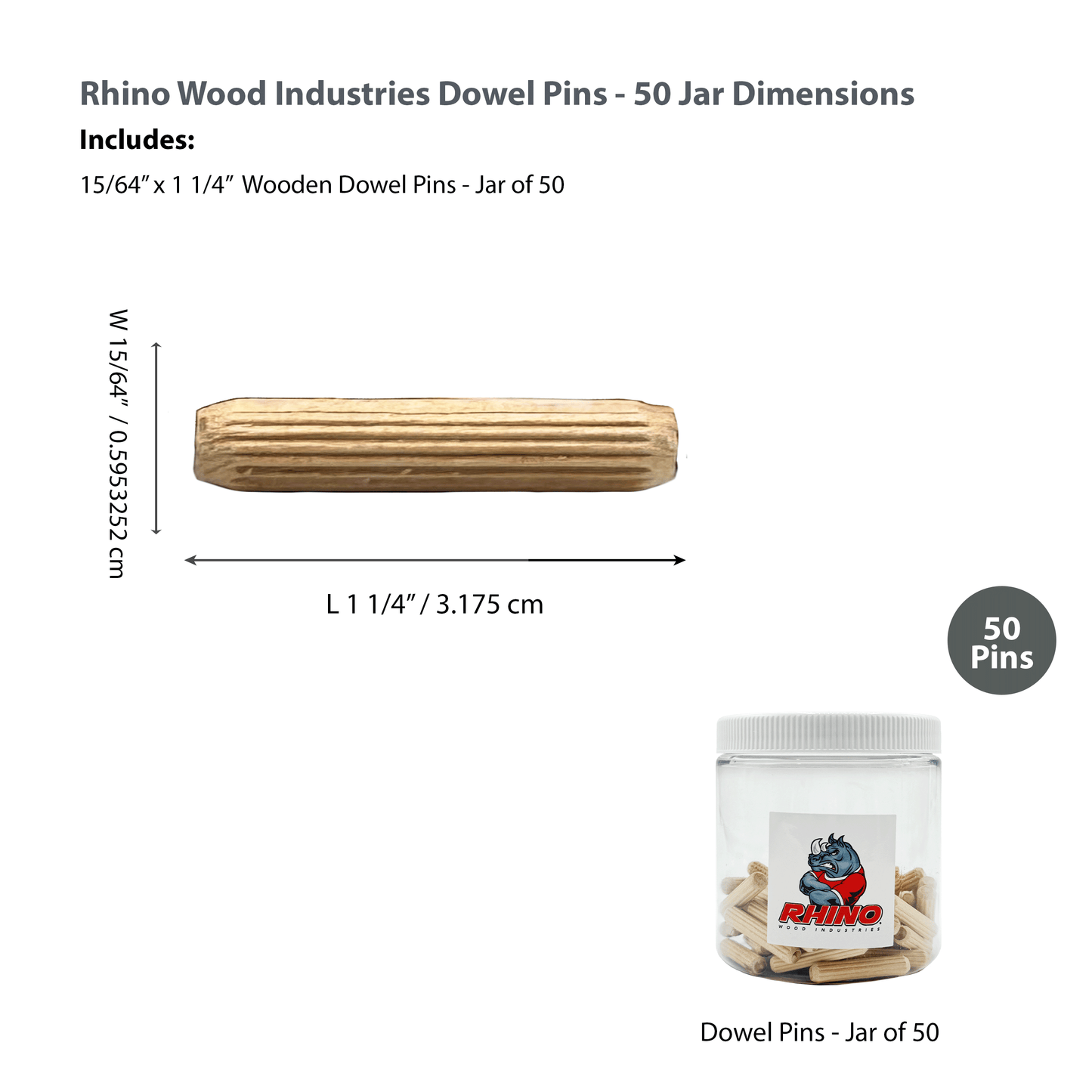 Rhino Wood Industries - 15/64" x 1 1/4" - 50 Pack Wooden Dowel Pins in Plastic Jar - Kiln Dried, Fluted, and Beveled (6mm, 50pk, Jar)