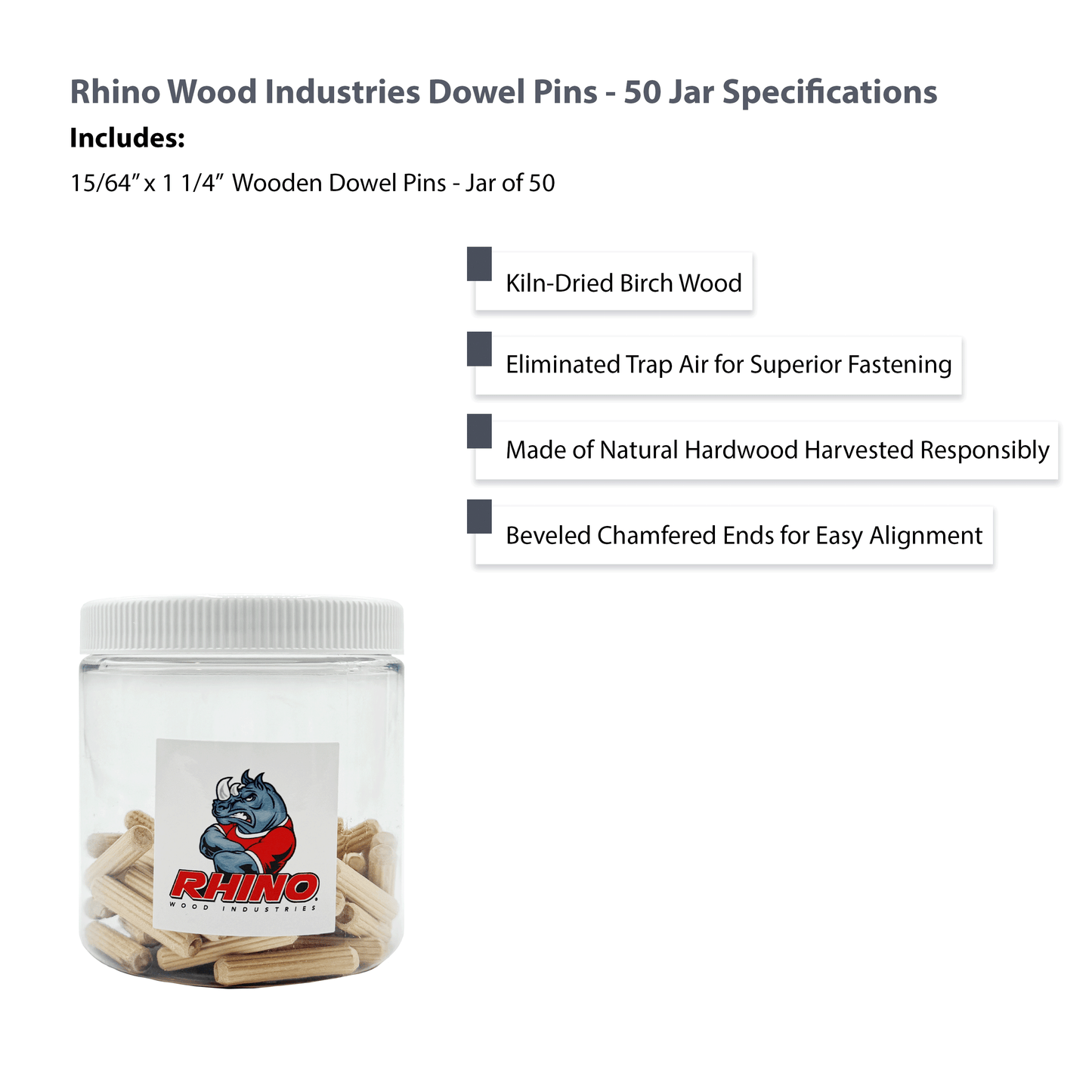 Rhino Wood Industries - 15/64" x 1 1/4" - 50 Pack Wooden Dowel Pins in Plastic Jar - Kiln Dried, Fluted, and Beveled (6mm, 50pk, Jar)