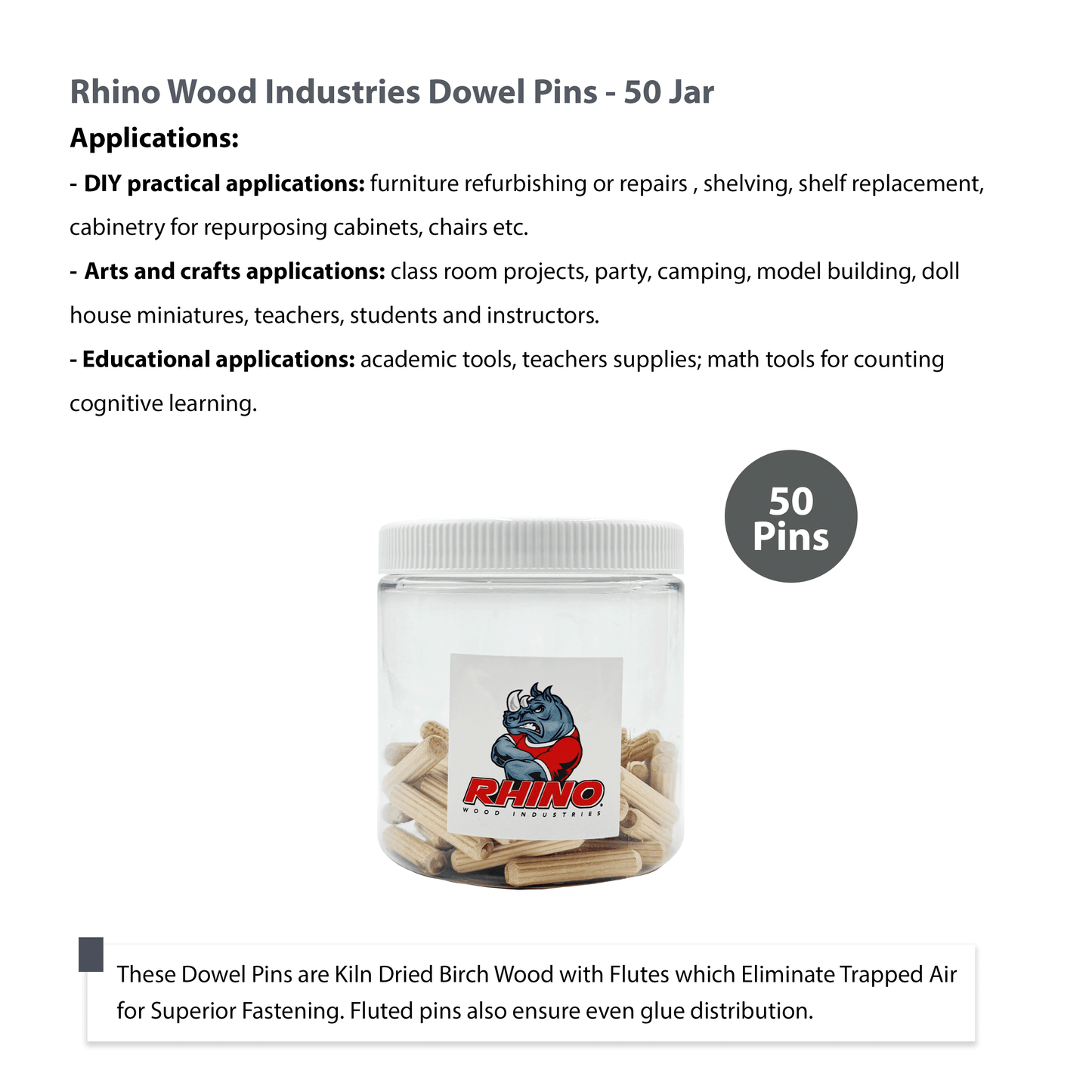 Rhino Wood Industries - 15/64" x 1 1/4" - 50 Pack Wooden Dowel Pins in Plastic Jar - Kiln Dried, Fluted, and Beveled (6mm, 50pk, Jar)