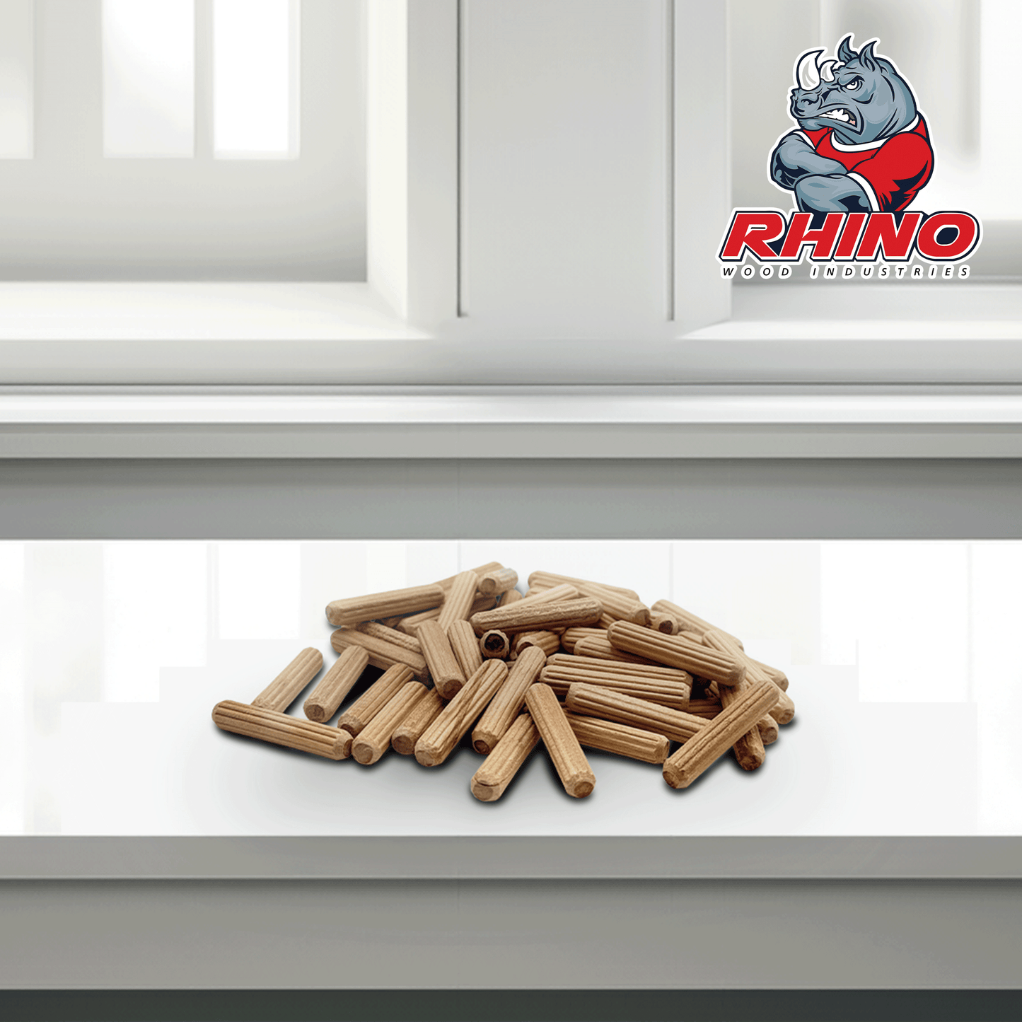 Rhino Wood Industries - 15/64" x 1 1/4" - 100 Pack Wooden Dowel Pins in Plastic Jar - Kiln Dried, Fluted, and Beveled (6mm, 100pk, Jar)