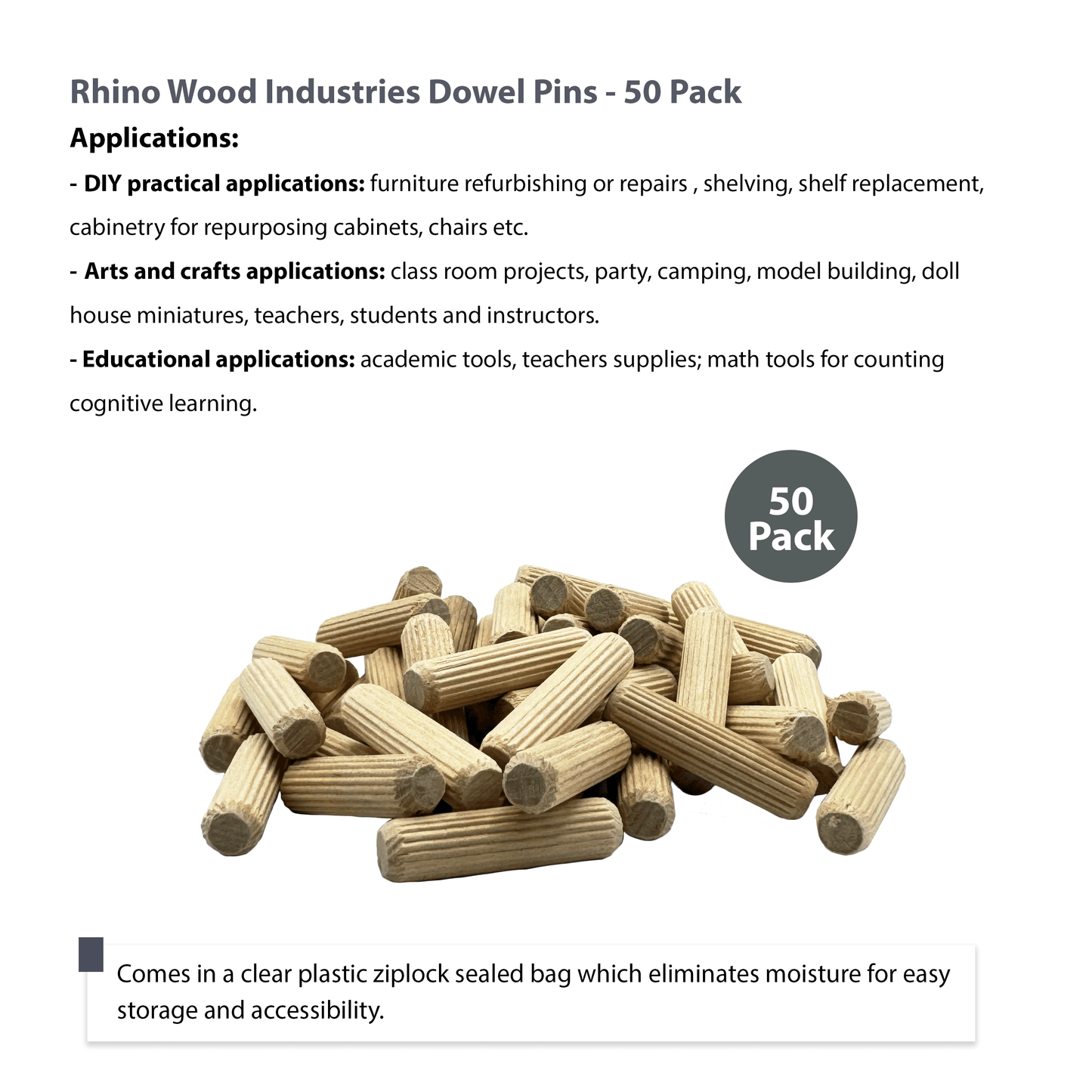 Rhino Wood Industries - 3/8" x 1 1/2" - 50 Pack Wooden Dowel Pins - Kiln Dried, Fluted, and Beveled (3/8" x 1 1/2", 50pk)