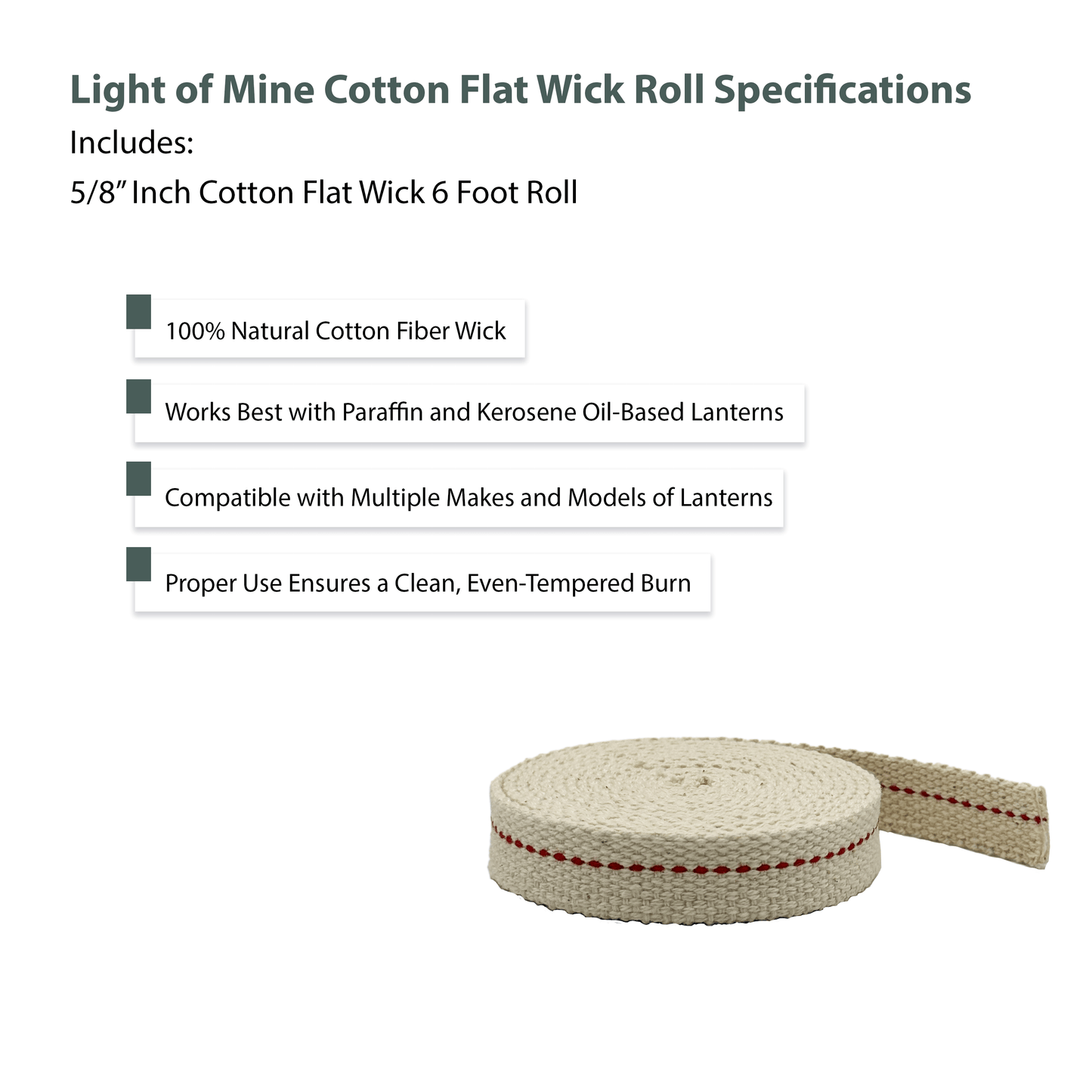 Light of Mine - 5/8" Inch 6' Foot, 100% Cotton Flat Wick for Paraffin Oil, Kerosene Based Lanterns, and Oil Lamps with Genuine Red Stitch (5/8" - 6' Roll)