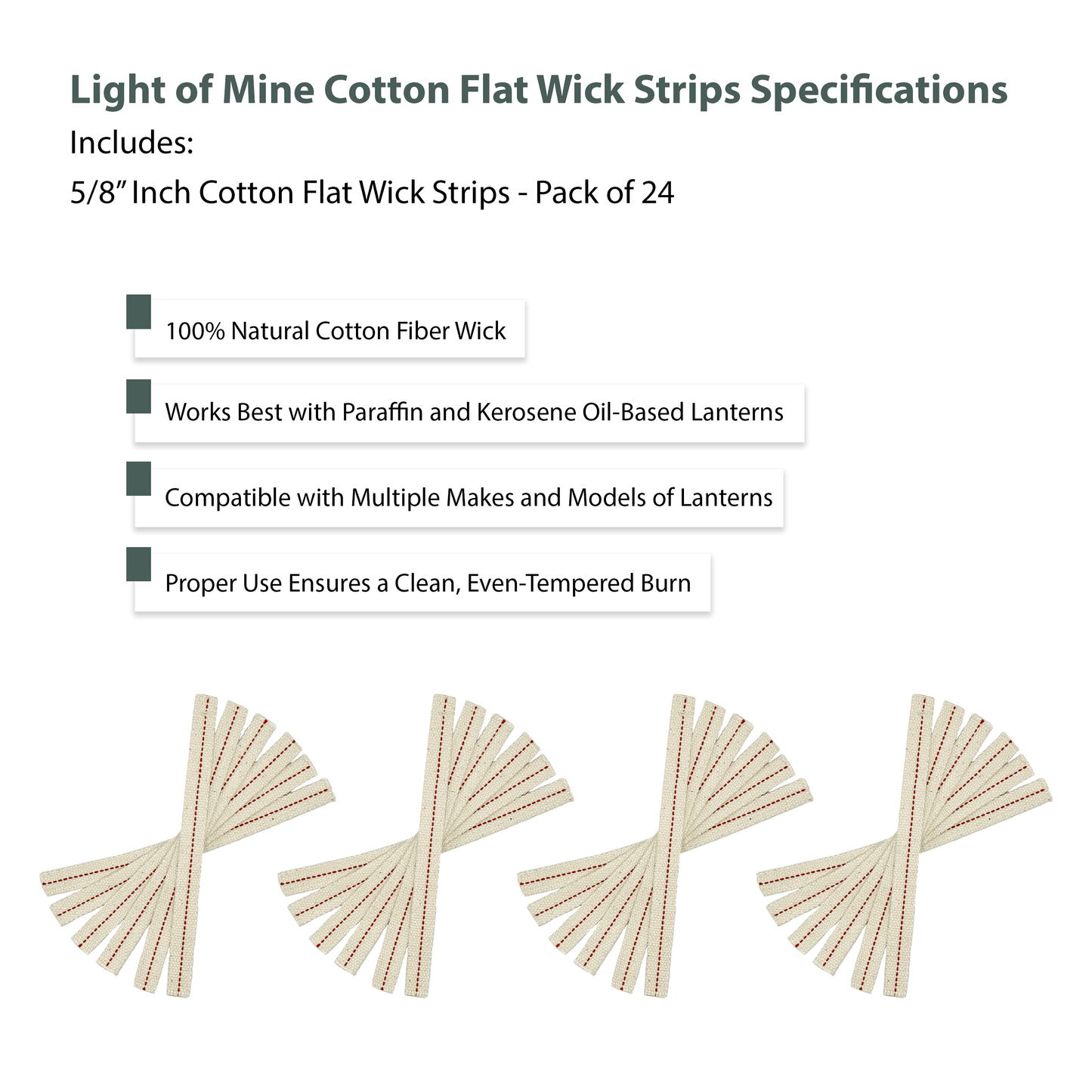 Light of Mine - 5/8" Inch - 8" Long Wick Strips, 100% Cotton Flat Wick - 12 Pack, for Paraffin Oil, Kerosene Based Lanterns, and Oil Lamps with Genuine Red Stitch