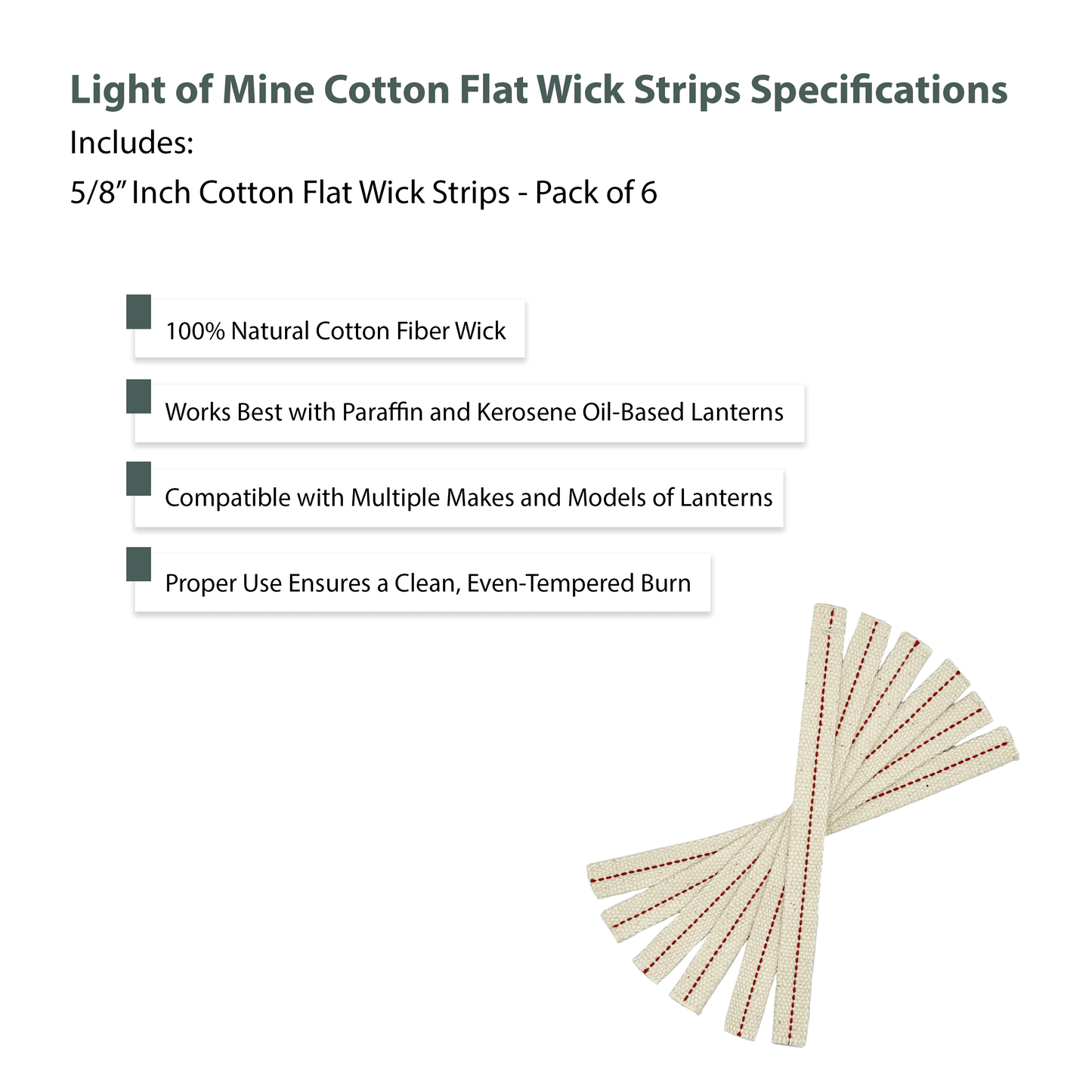 Light of Mine - 5/8" Inch - 8" Long Wick Strips, 100% Cotton Flat Wick - 6 Pack, for Paraffin Oil, Kerosene Based Lanterns, and Oil Lamps with Genuine Red Stitch