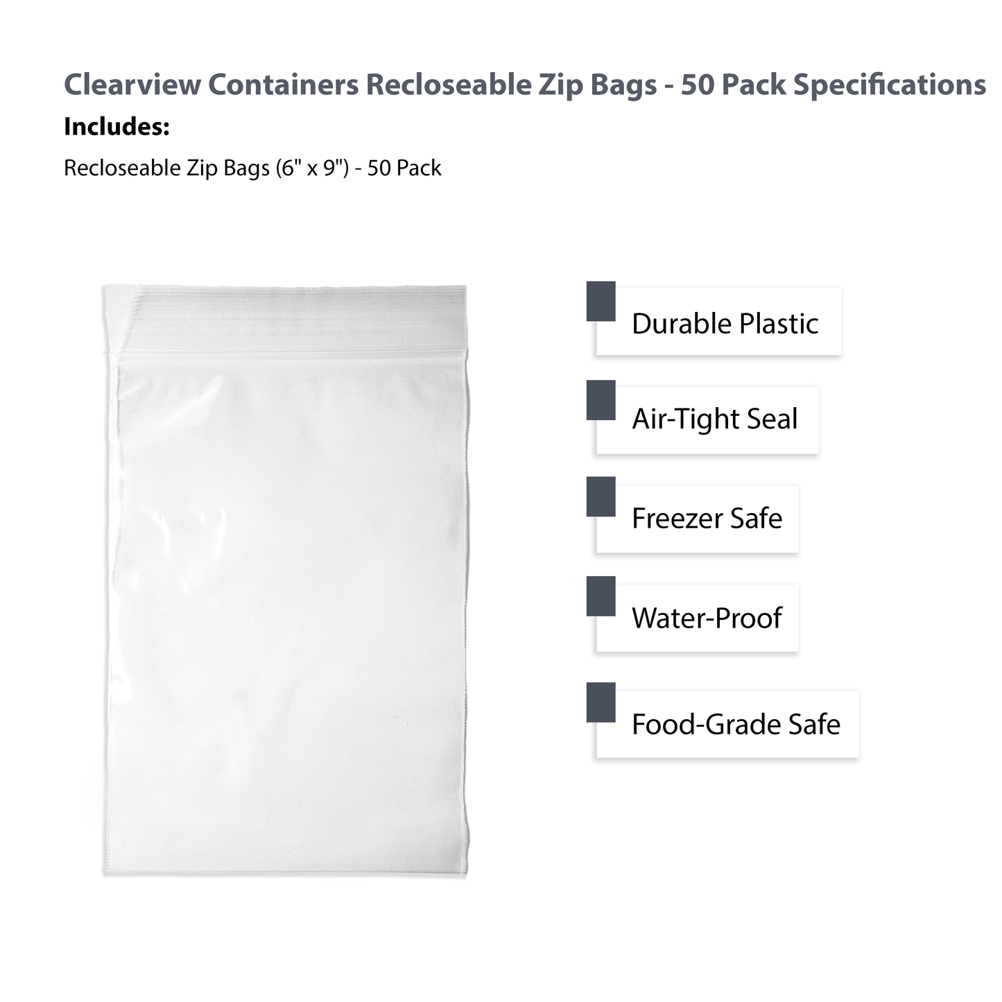 Clearview Containers - 50 Pack of 6" x 9" High Quality Recloseable Zip Bags