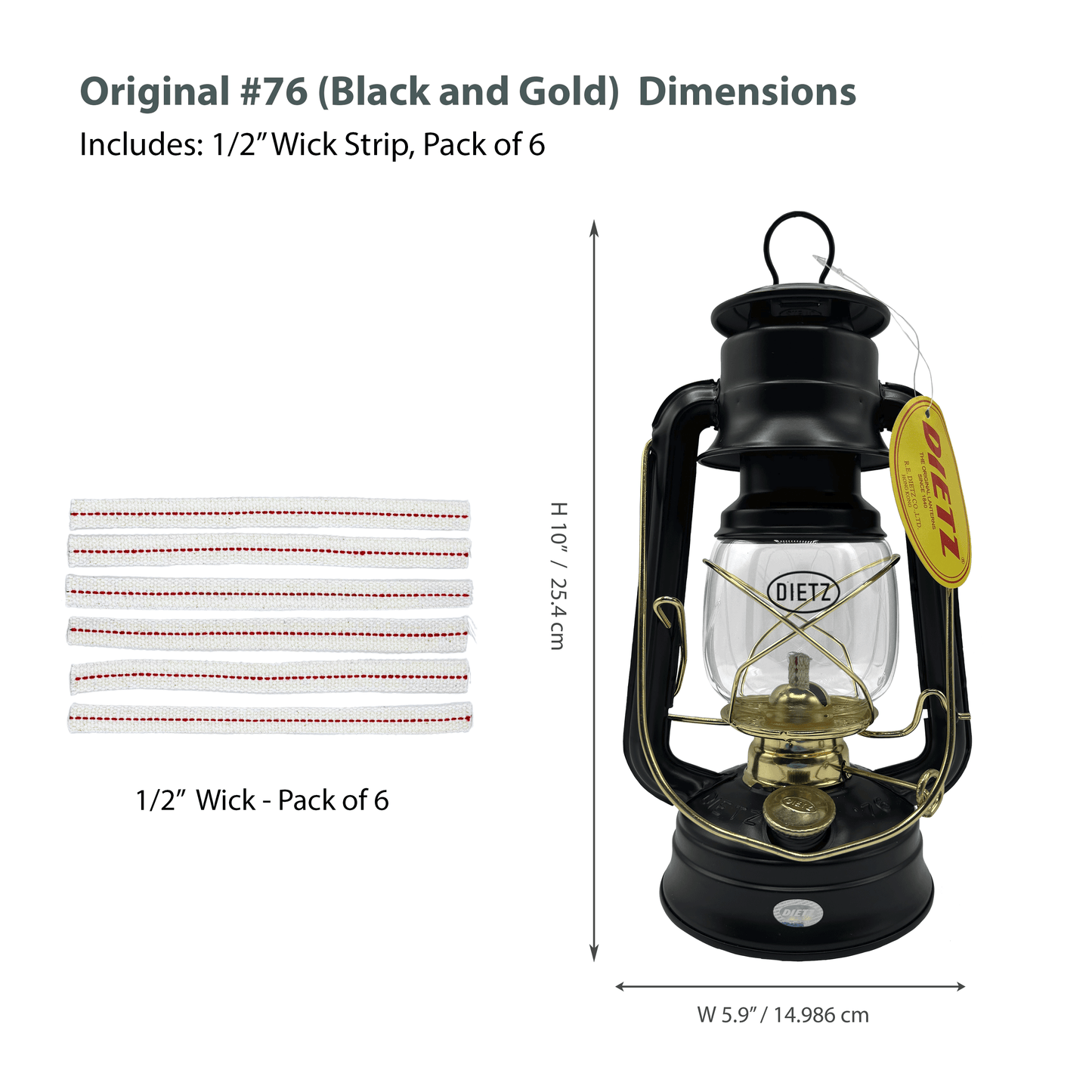 Light Of Mine - Dietz #76 Original Black with Gold Trim Oil Lantern with 1/2" Replacement Wick Strips (Black with Gold Trim)