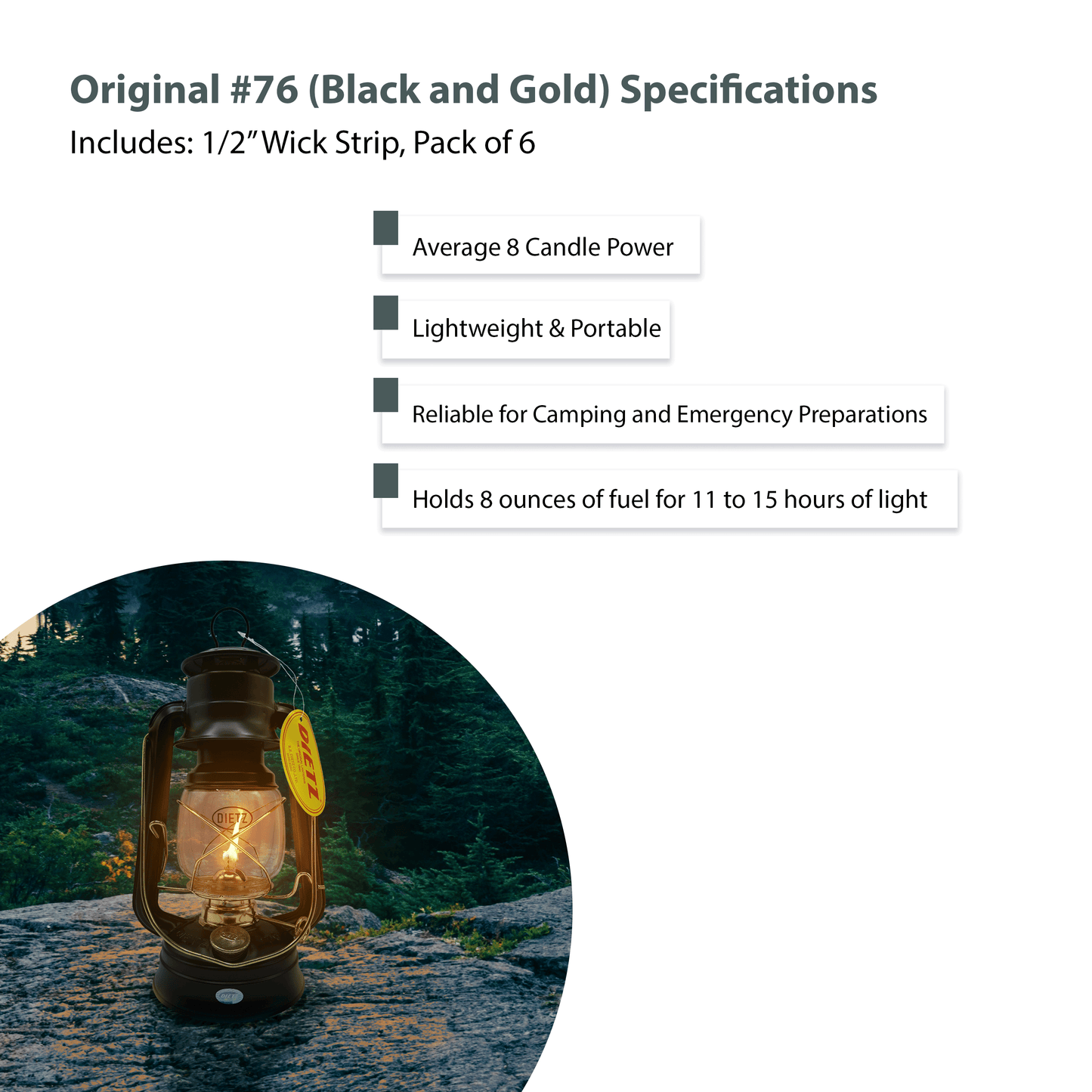 Light Of Mine - Dietz #76 Original Black with Gold Trim Oil Lantern with 1/2" Replacement Wick Strips (Black with Gold Trim)