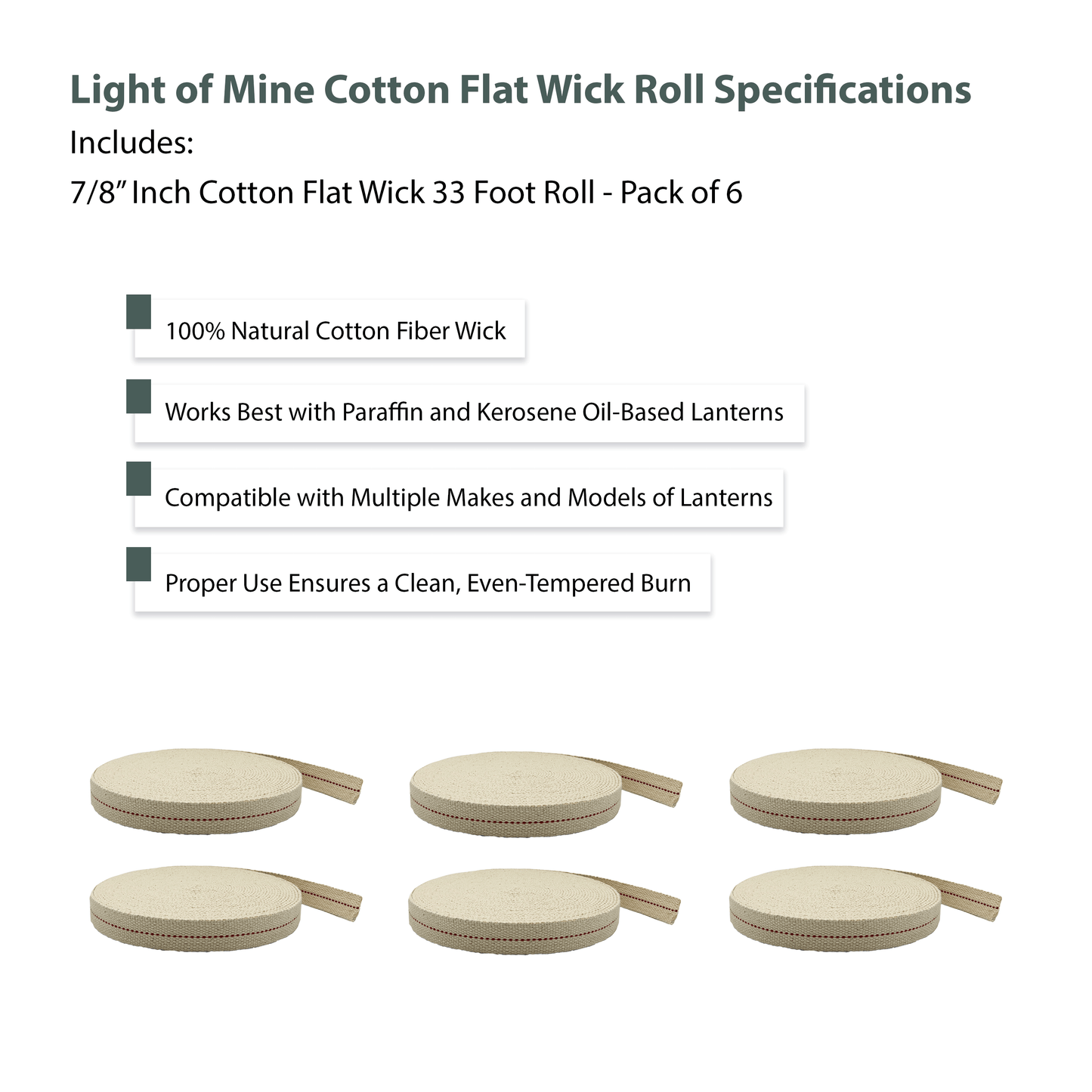 Light of Mine - 7/8" Inch 33' Foot, 100% Cotton Flat Wick - 6 Pack for Paraffin Oil, Kerosene Based Lanterns, and Oil Lamps with Genuine Red Stitch (7/8" - 33' Roll, 6pk)