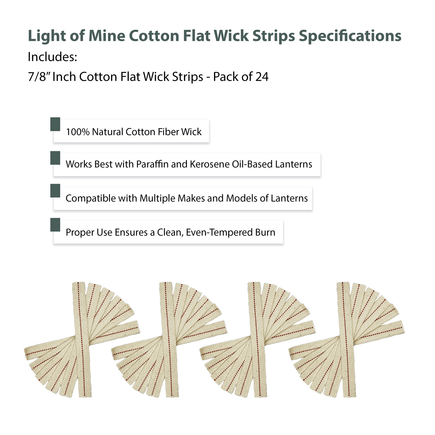 Light of Mine - 7/8" Inch - 8" Long Wick Strips, 100% Cotton Flat Wick - 24 Pack, for Paraffin Oil, Kerosene Based Lanterns, and Oil Lamps with Genuine Red Stitch