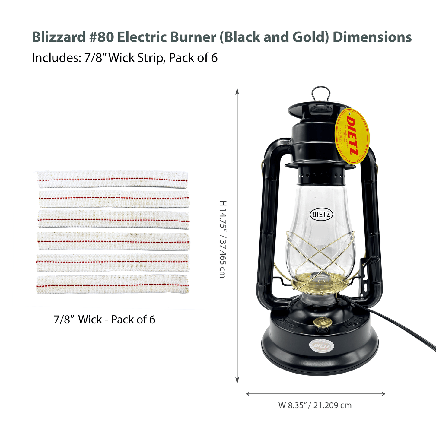 Light Of Mine - Dietz #80 Blizzard Black with Gold Trim Oil Lantern with 7/8" Replacement Wick Strips and Conversion Kit for Electric Burner (Black with Gold Trim, Electric)