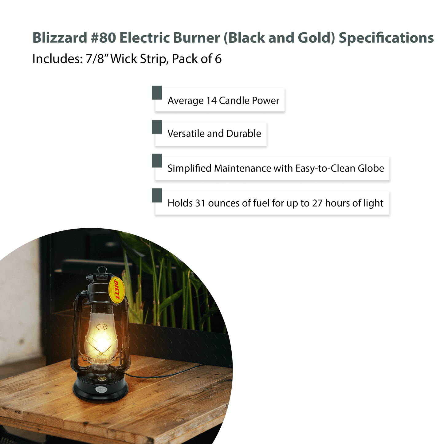 Light Of Mine - Dietz #80 Blizzard Black with Gold Trim Oil Lantern with 7/8" Replacement Wick Strips and Conversion Kit for Electric Burner (Black with Gold Trim, Electric)
