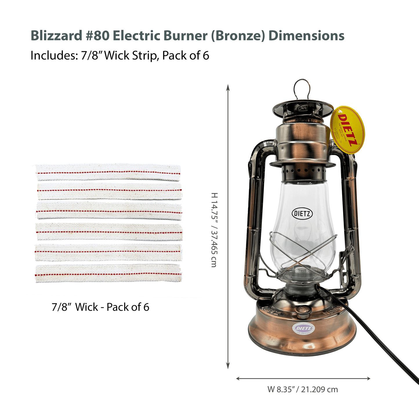 Light Of Mine - Dietz #80 Blizzard Bronze Oil Lantern with 7/8" Replacement Wick Strips and Conversion Kit for Electric Burner (Bronze, Electric)