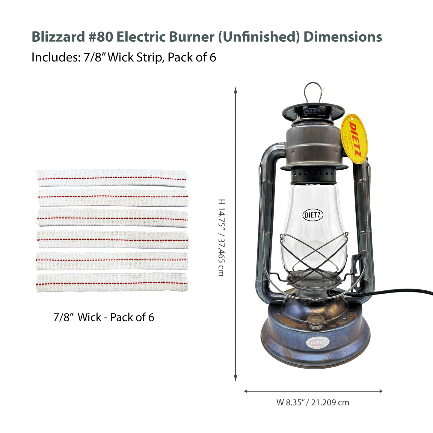 Light Of Mine - Dietz #80 Blizzard Unfinished Oil Lantern with 7/8" Replacement Wick Strips and Conversion Kit for Electric Burner (Unfinished, Electric)