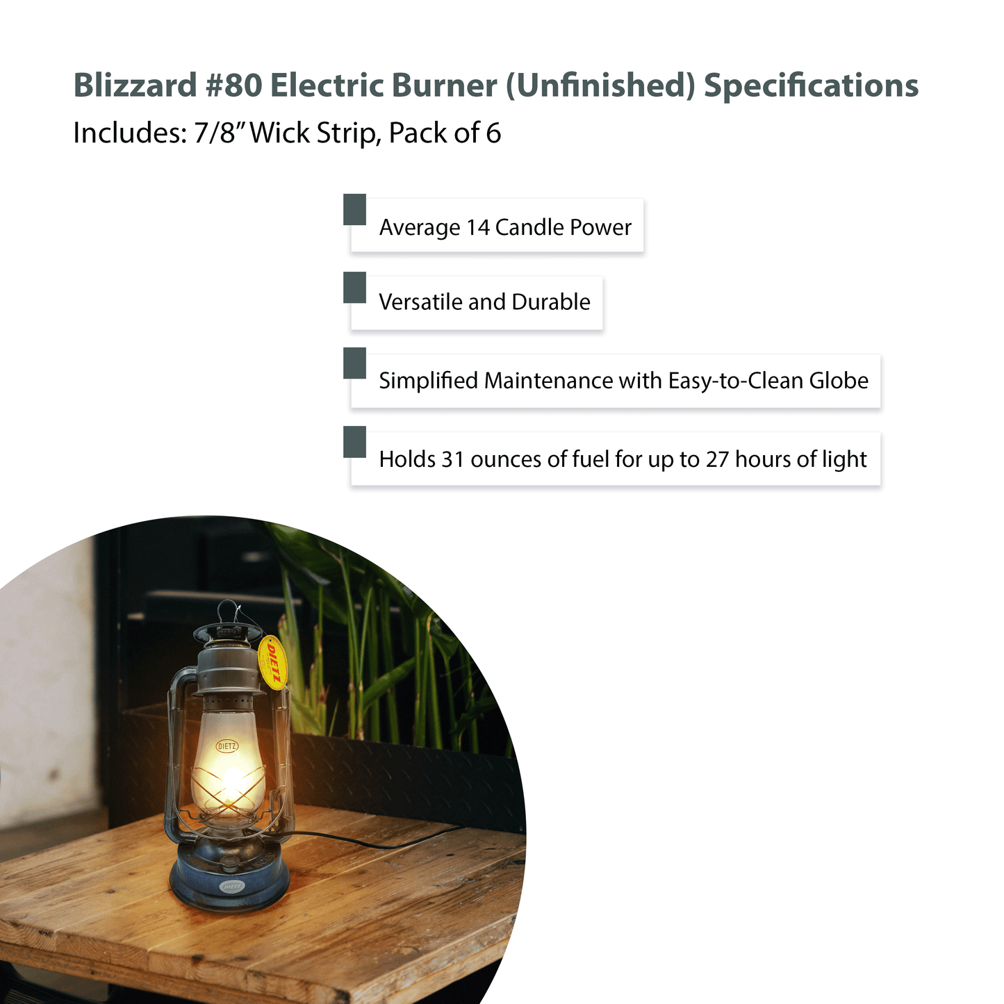 Light Of Mine - Dietz #80 Blizzard Unfinished Oil Lantern with 7/8" Replacement Wick Strips and Conversion Kit for Electric Burner (Unfinished, Electric)