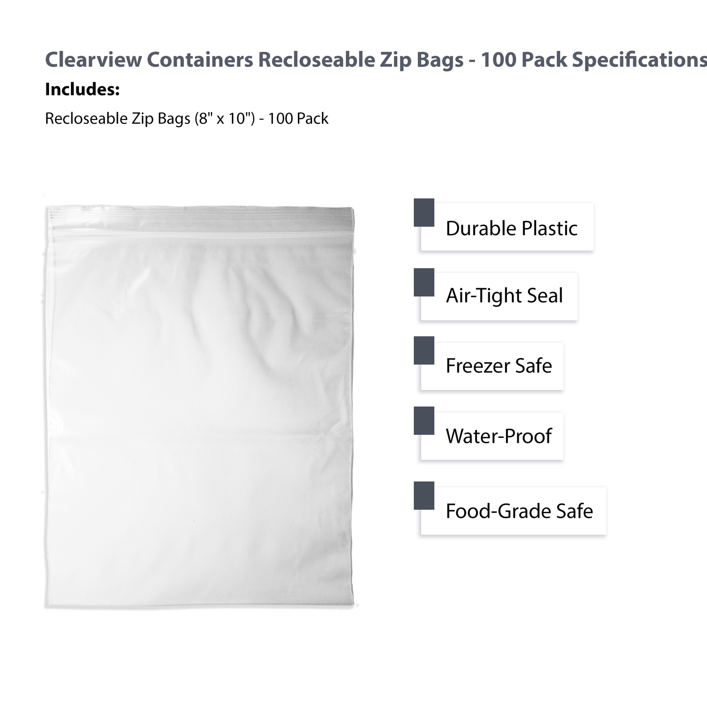 Clearview Containers - 100 Pack of 8" x 10" High Quality Recloseable Zip Bags