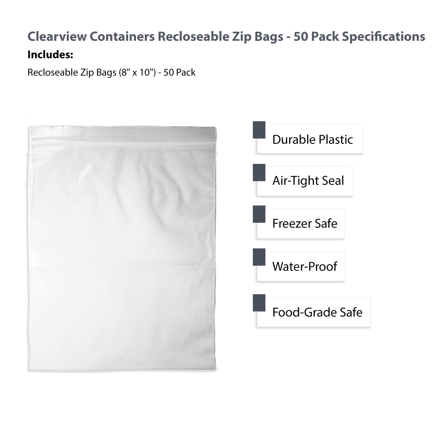 Clearview Containers - 50 Pack of 8" x 10" High Quality Recloseable Zip Bags